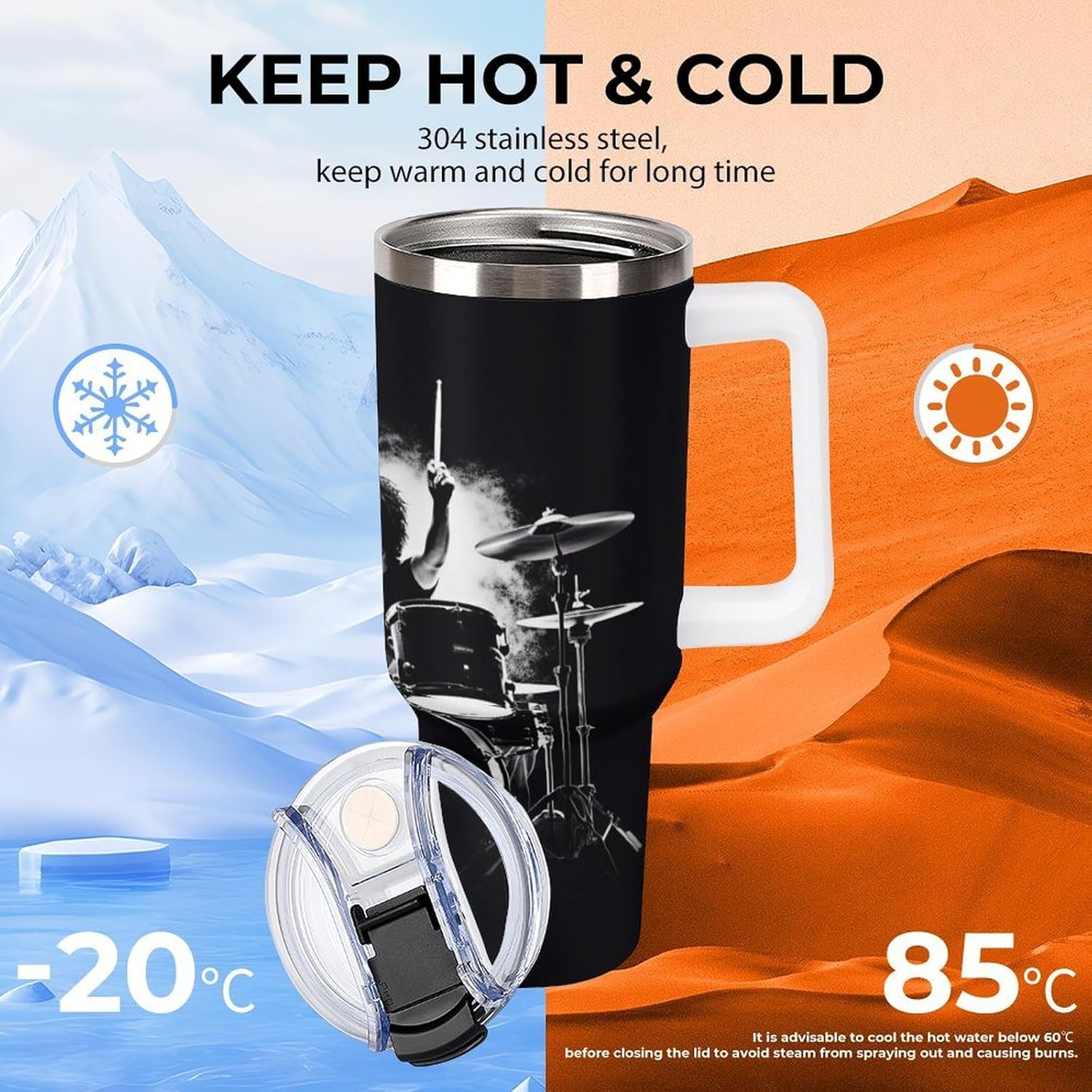 Drummer Travel Coffee Mug Reusable Durable Stainless Steel Insulated Tumbler with Handle And Straw Leak Resistant Portable Thermal Cup Gifts for Men Women 40 Oz