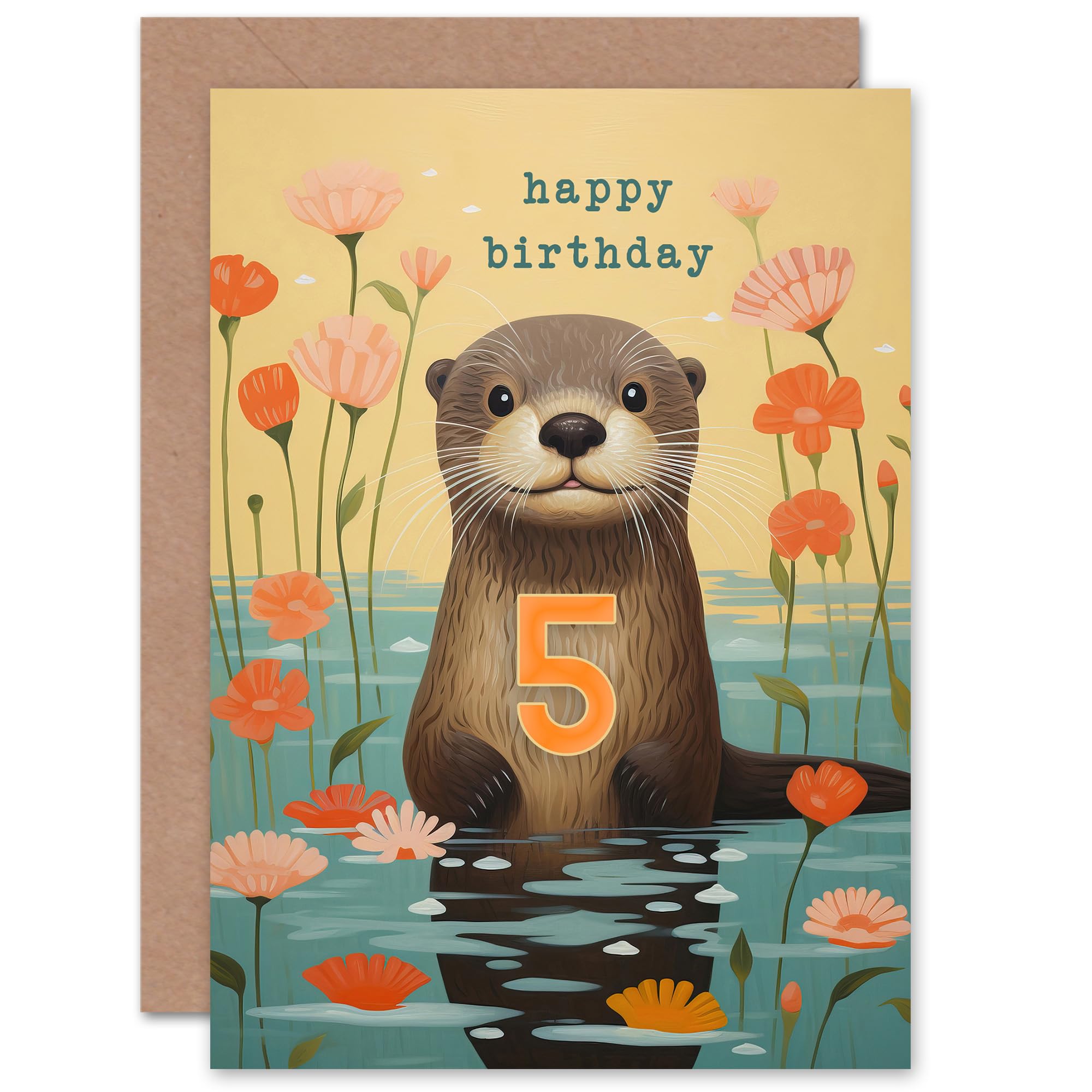 Artery8 Kids Birthday Age 5 Cute Otter Lake Flowers For Child Daughter Girl Blank Inside Greeting Card