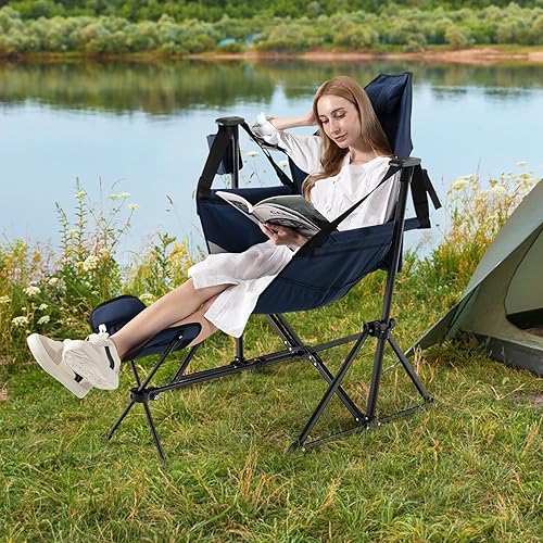 Tangkula Silla de camping plegable silla de campamento portátil con reposapiés retráctil respaldo ajustable reposacabezas portavasos y bolsa de
