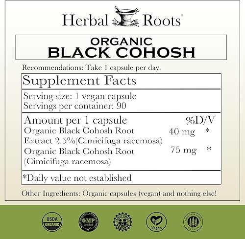 Miniatura 2 de Herbal Roots Raíz de cohosh negro orgánico  Extra fuerte  Menopausia y apoyo menstrual para mujeres  90 cápsulas, vegano