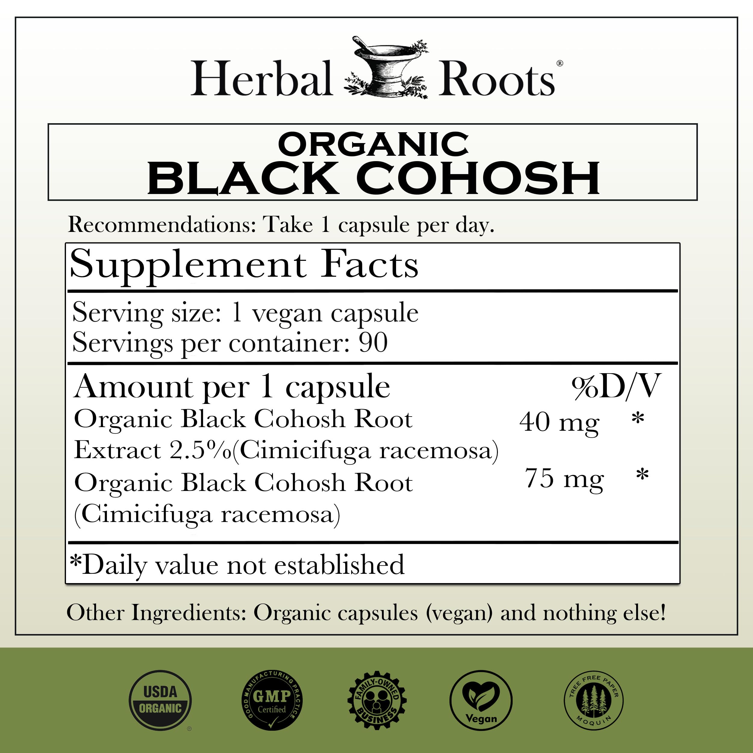 Herbal Roots Organic Black Cohosh Root Capsules - Menopause Support - 3 Month Supply - Certified USDA Organic -90 Vegan Capsules — Amazon image 2