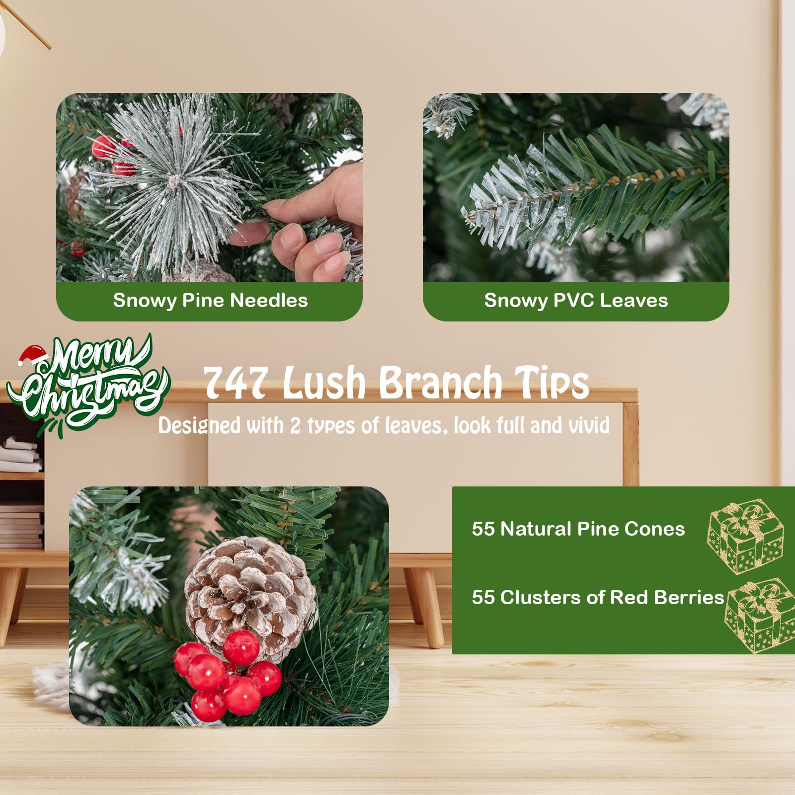 LIFEZEAL Sapin de Noël Artificiel de 180 cm/210 cm, recouvert de Neige, avec Pointes de Branches et Aiguilles de pin, Arbre Festif Lumineux avec Support, pour décoration de Noël (Vert+Blanc, 180cm)