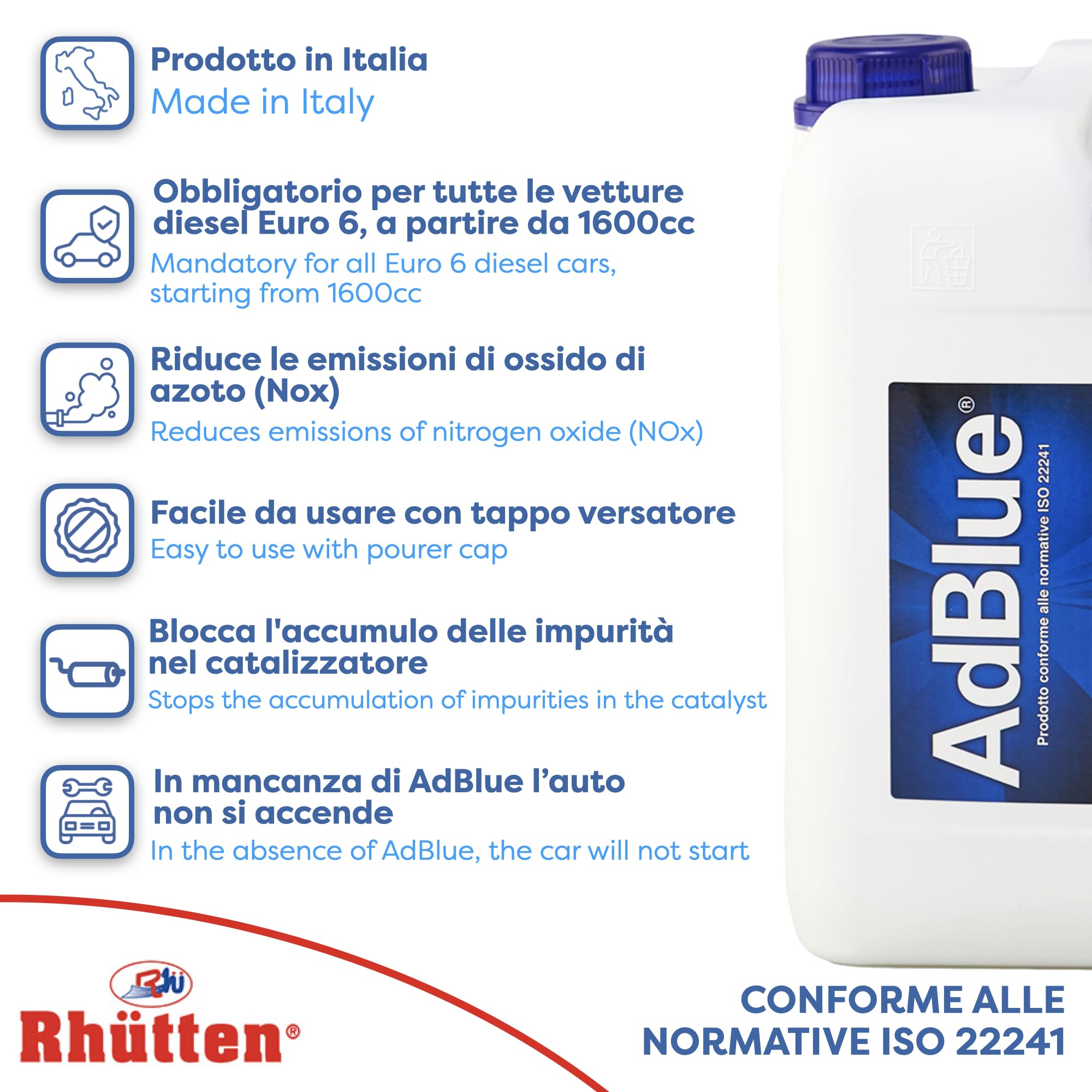 Rhütten, AdBlue Motori Diesel, Basf, Additivo di Sintesi, Urea Purissima, ISO 22241, preserva SCR, Blocca Impurità Catalizzatore, Motori Euro 6, Tappo Versatore, 10L