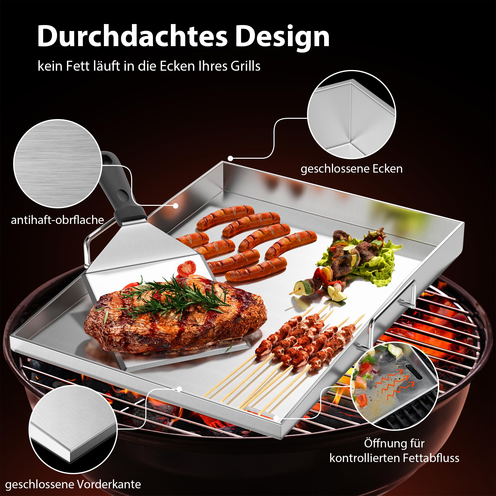 Plancha Grillplatte Edelstahl 40x30cm (4mm) für Gasgrill & Holzkohlegrill – Geschlossene Ecken, Fettablauf, Rostfrei – mit Tragebügel & 2 Spachtel – Camping & Garten