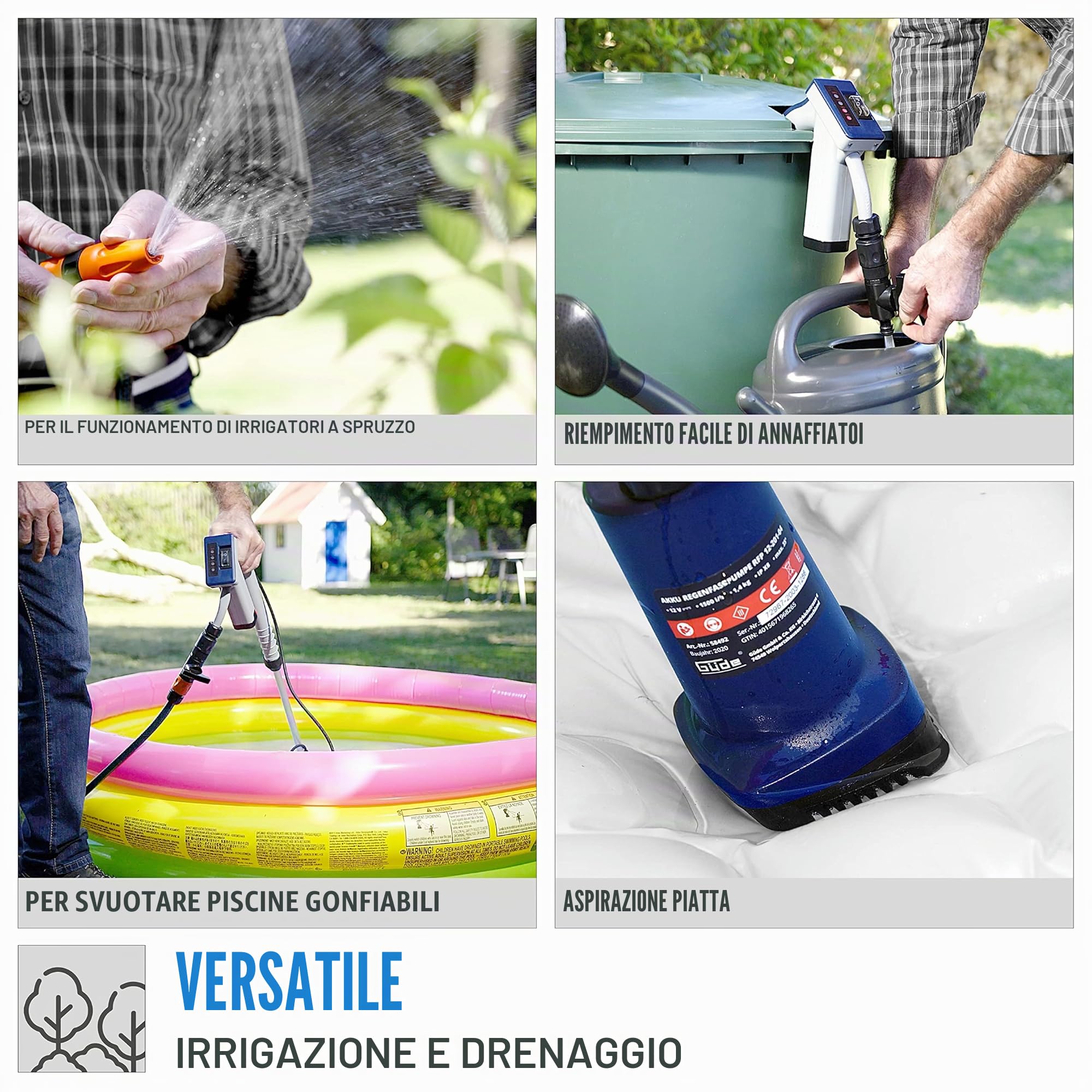 Güde Pompa impermeabile a batteria RFP 12 – 201 – 04 (12 V, 1500 l/h, test buono, protezione contro il funzionamento a secco, altezza 11 m, dimensione massima grana 0,5 mm, rubinetto di
