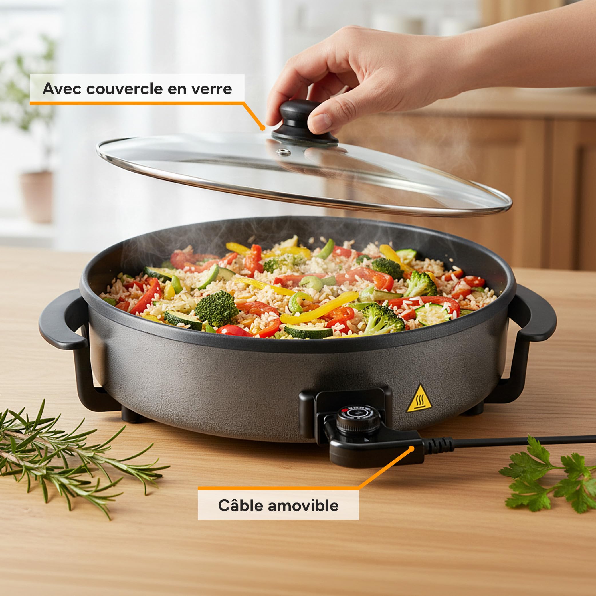 TZS First Austria - Poêle Électrique Multicuisseur 6,5L - Ø40cm - 1500W - Thermostat Réglable 5 Niveaux (jusqu'à 240°C) - Couvercle en Verre & Revêtement Antiadhésif - Idéal Fêtes et Paëlla - Gris