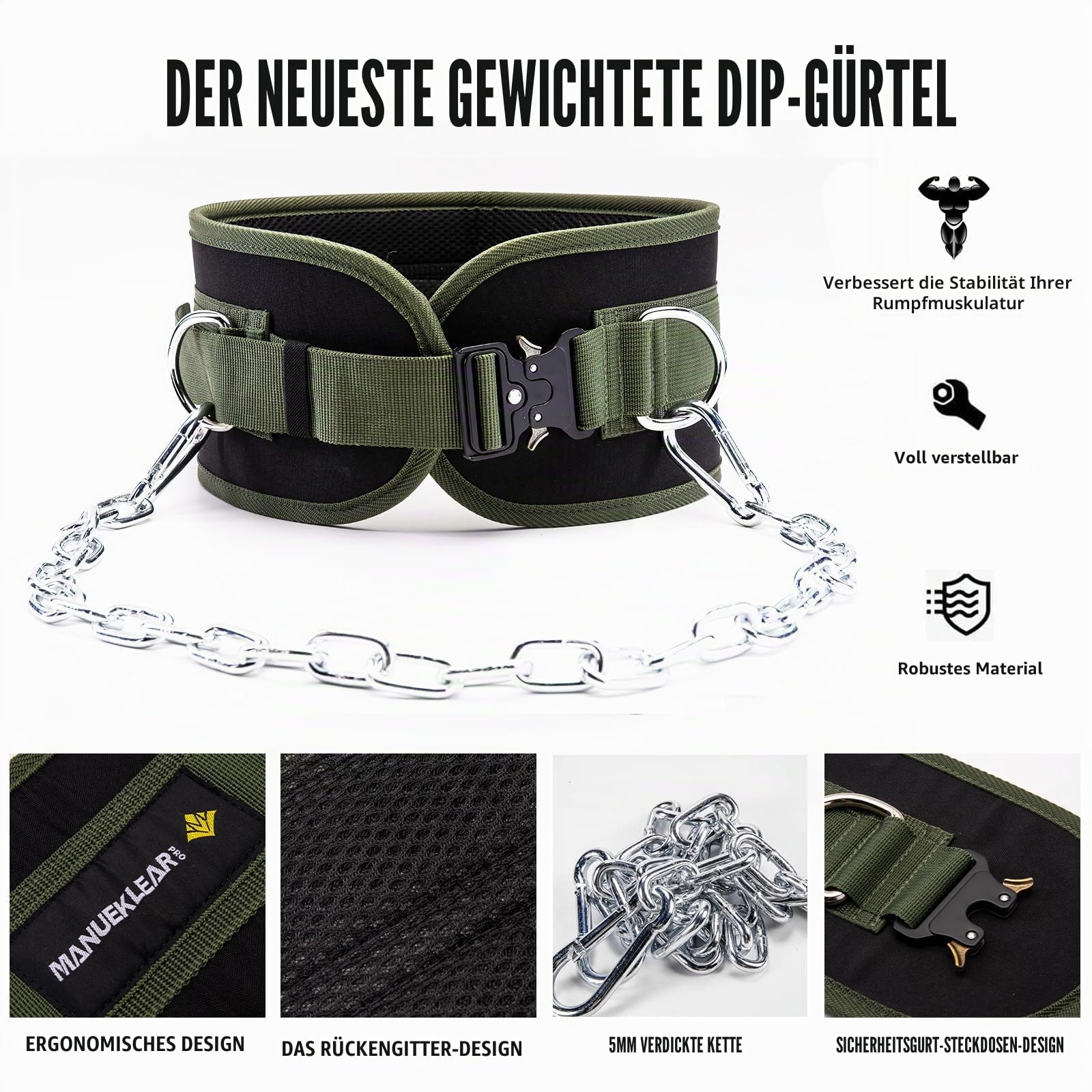 MANUEKLEAR Dip-Gürtel, Gewichtsgürtel, Fitness-Gürtel für Männer und Frauen, robuster Dip-Powerlifting-Gürtel mit Kette, 101,6 cm, Kreuzheben für Kniebeugen, Klimmzüge, Workout