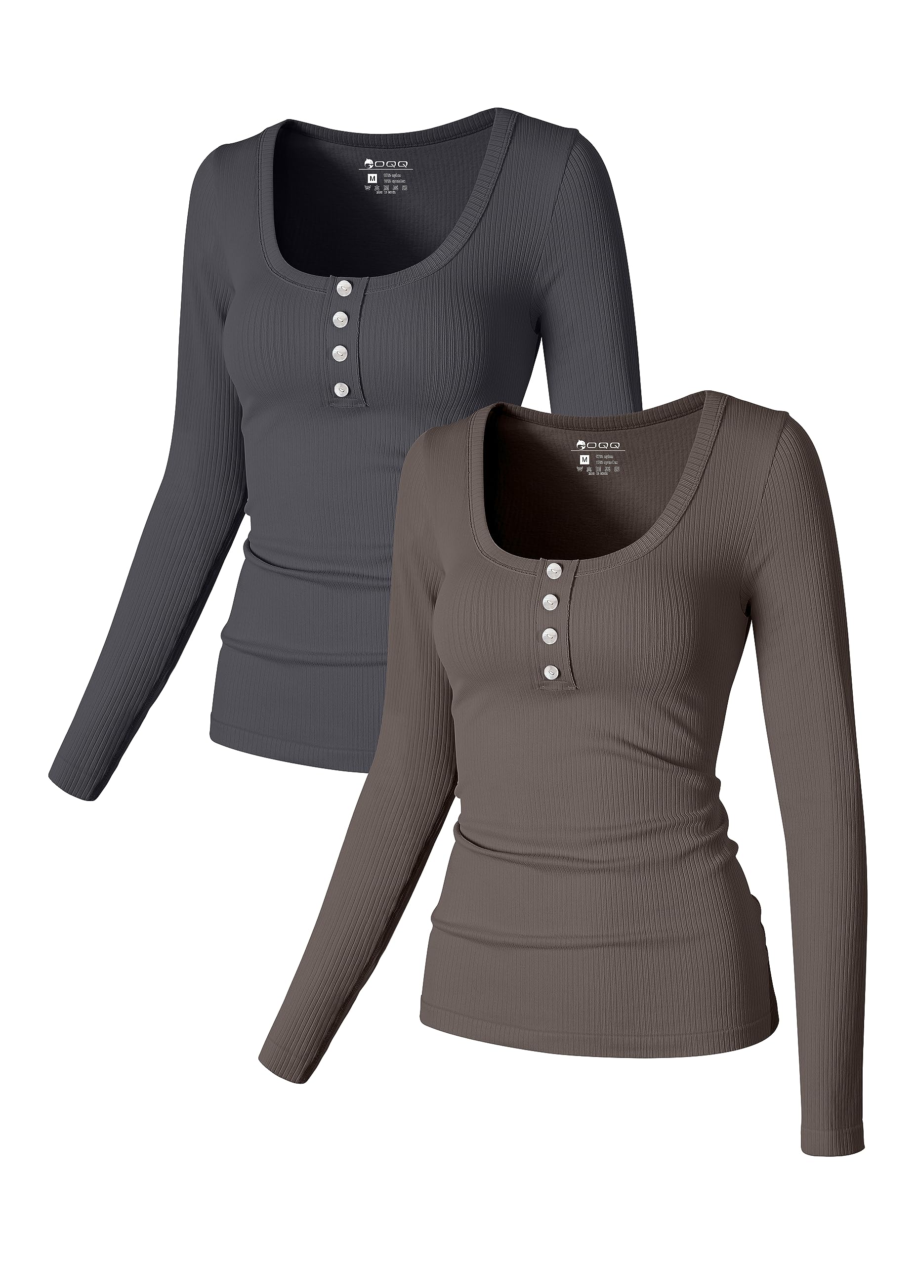 OQQ Women's 2 Piece Long Sleeve Seamless Ribbed Button Stretch Shirt, Darkgrey,tea Leaf, Medium