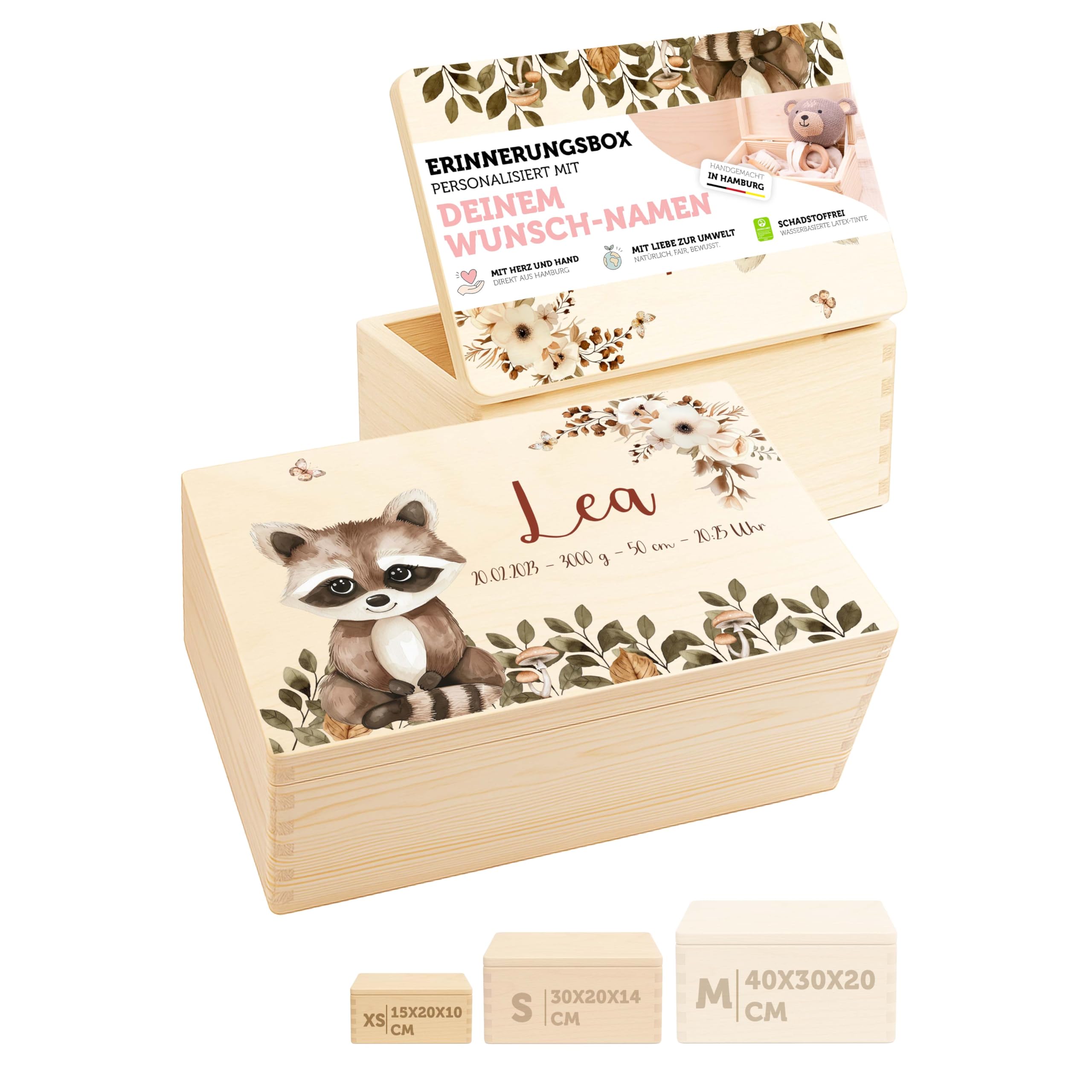 Erinnerungsbox Baby - Personalisierte Geschenke mit Namen | Holzkiste mit Deckel bedruckt mit Schadstofffreie Latextinte - Geschenke zur Geburt & Taufgeschenke für Mädchen & Jungen