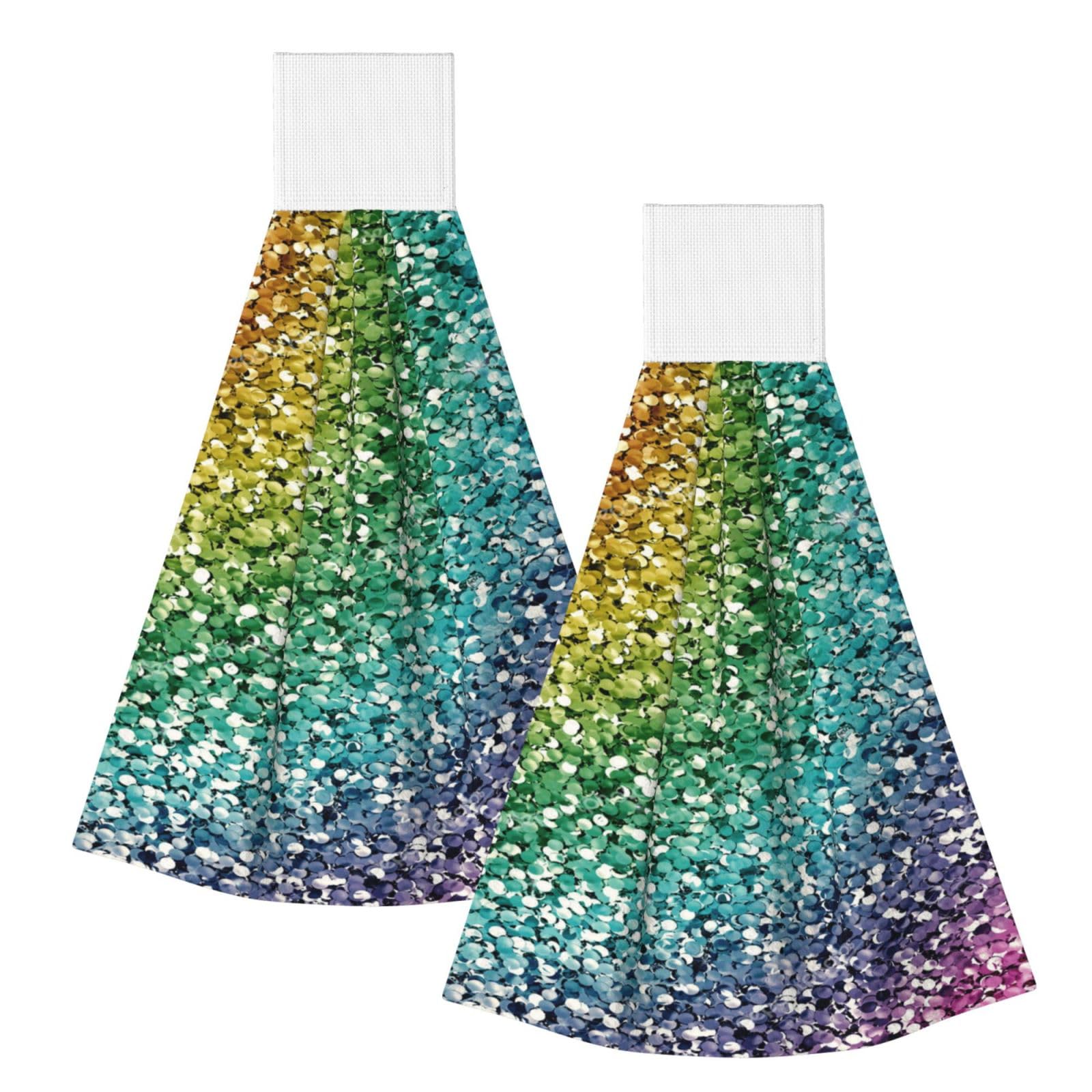 DOPKLNA Luxury Rainbow Glitter, 2 Pcs Hanging Coral Fiber Hand Towels for Bathroom, Absorbent Kitchen Towels