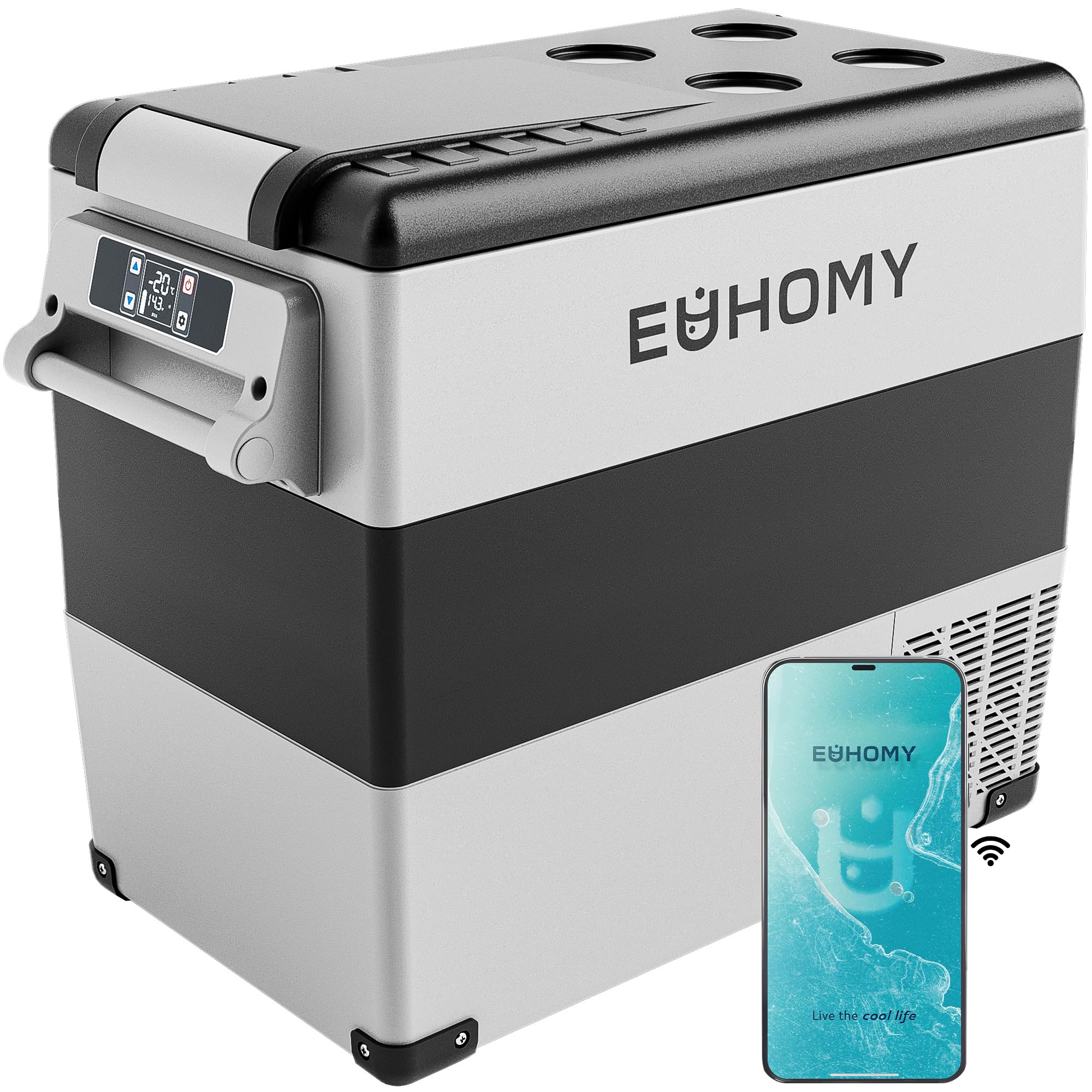 euhomy 12 volt refrigerator, 59qt(55l) electric cooler, 12v fridge app control, 12v cooler -4?~68?, portable freezer 12/24v dc 100-240v ac for camping, travel, truck, home