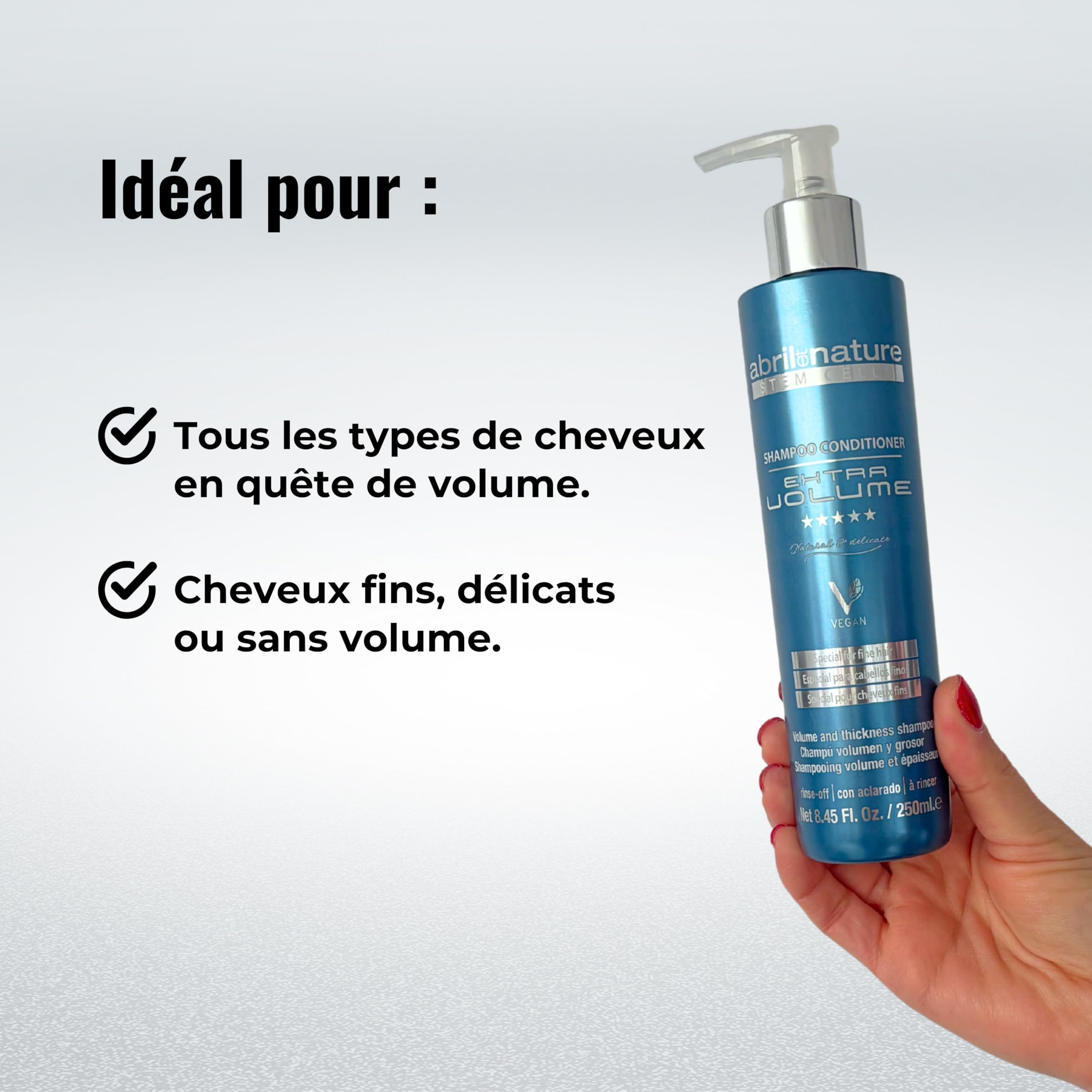 abril et nature - Bain Shampoo Extra Volume - Shampoing Hydratant - 1000 ml - Pour Cheveux Fins et Très Fins - Soin des Cheveux aux Cellules Souches - Produit Végan - Booster de Volume