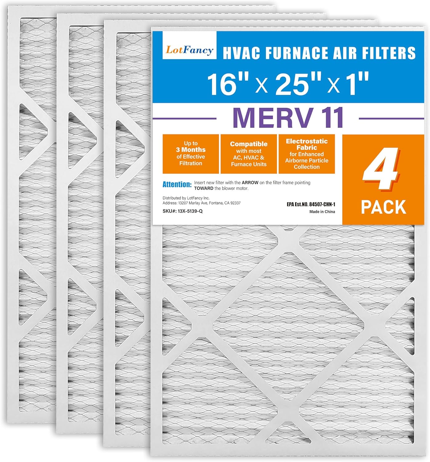 LotFancy 16x25x1 Air Filters, MERV 11 AC Furnace Filters, 4 Pack