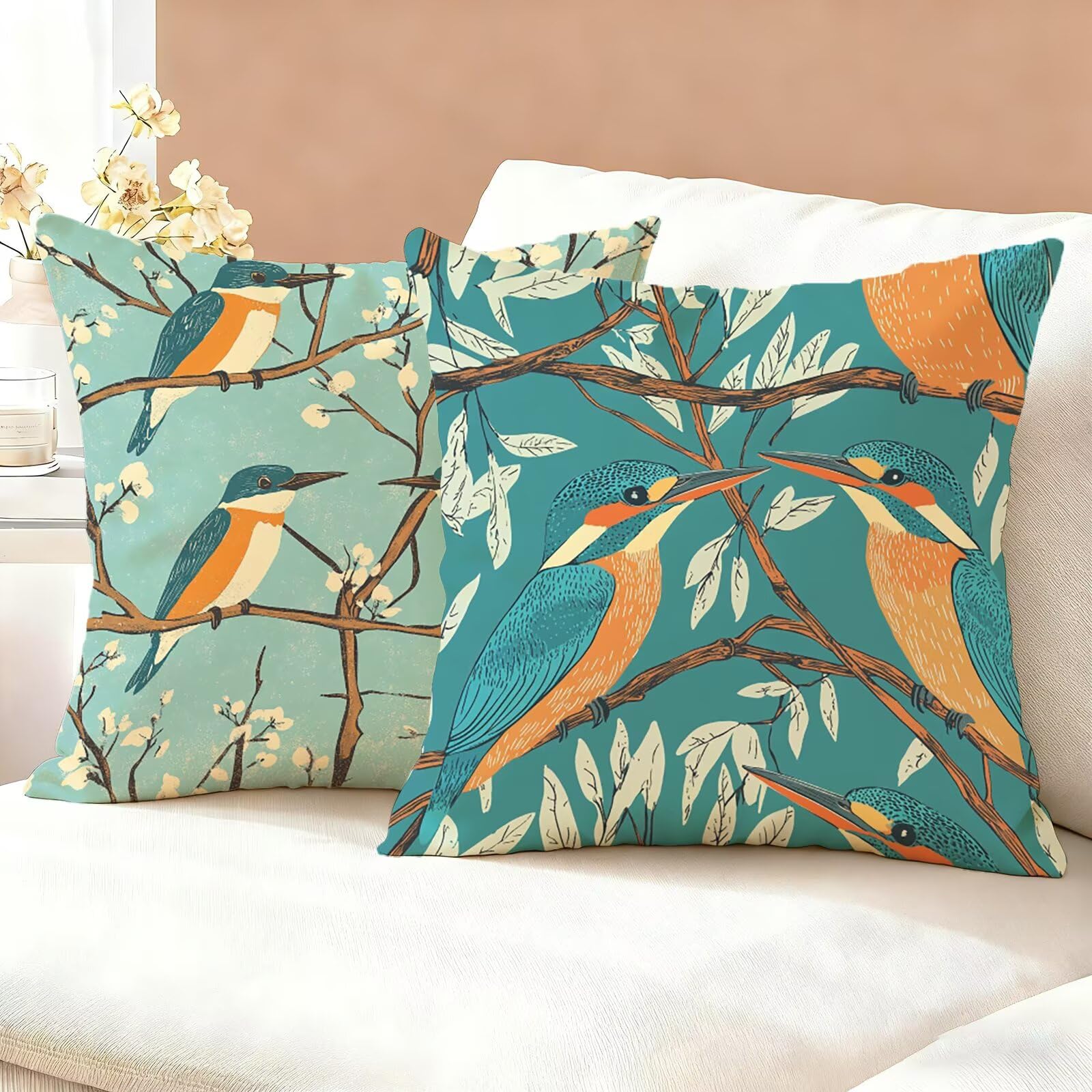 Bird Cushion Covers 60 x 60 cm Set of 2, Blue Cushions with Hidden Zip, Comfort Soft Square Pillow Cases, Outdoor Waterproof Linen Cushion Covers, Decorative Pillows for Sofa, Bed, Living Room K6-913
