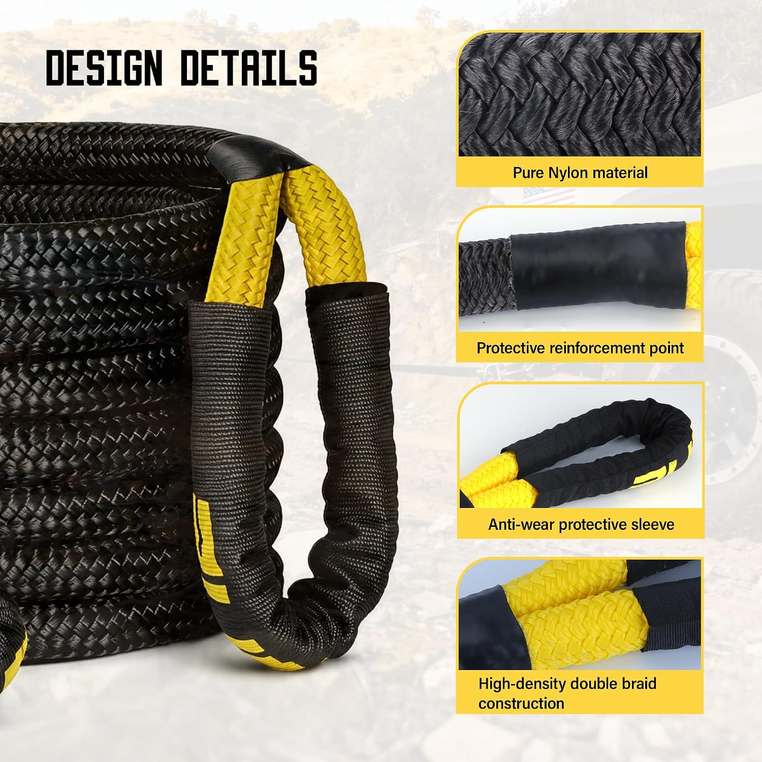 Rugtol Kinetic Recovery Rope, 1 inch x 30 Feet Heavy Duty Kinetic Tow Ropes with 2Pcs Soft Shackles 30864 LBS Break Strength, Snatch Towing Strap Rope Kit for Offroad Vehicle Truck ATV UTV Car Tractor