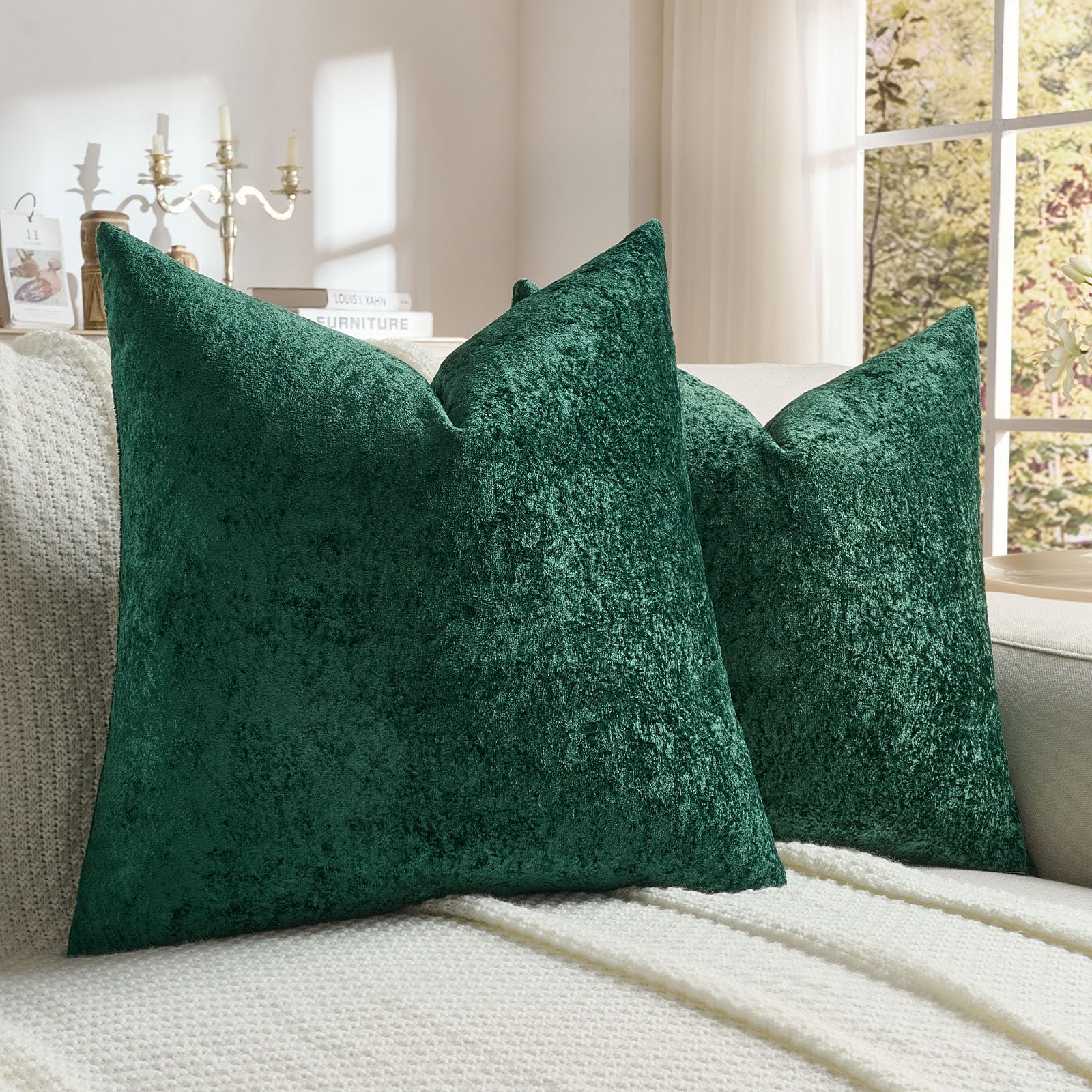 FUTEI Set of 2 Soft Flannel 40x40 cm Cushion Covers Crushed Textured Solid Scatter Pillow Covers 40 x 40 cm Modern Accent for Sofa Bedroon Living Room, Dark Green — image 1