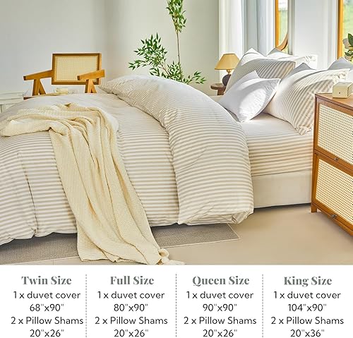 Miniatura 6 de Juego de funda de edredón a rayas tamaño Full 3 piezas 100% algodón lavado con textura parecida al lino natural arrugado cómodo transpirable (Full,