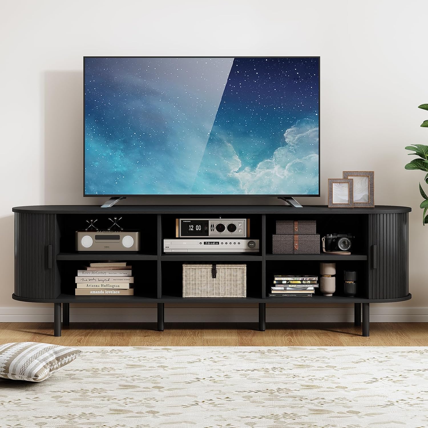 70.8" TV Stand with Power Outlet, Mid-Century Modern Television Stand, Fluted Media Console with Sliding Doors, Entertainment Center for TVs up to 60 Inch, Adjustable Shelves, Black