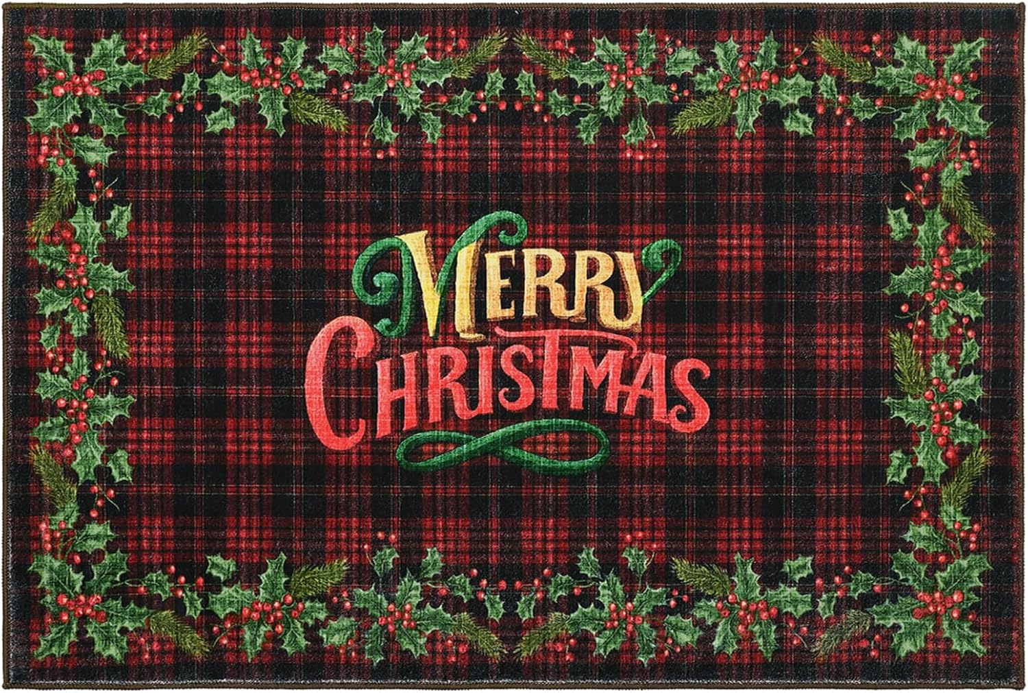 GarveeHome 2x4 Christmas Red Checkered Rug for Entryway Non Slip,Christmas Holly Fruit Print Kitchen Rugs Washable Area Rug, Low Pile Soft Holiday Decor Small Carpet for Entrance Indoor