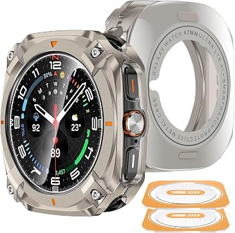 YMHML 3 in 1 Metal Case for Samsung Galaxy Watch Ultra Screen Protector 47mm, Unique Stylish Rugged Protective Bumper + Hard PC Back Cover + 2PCS Tempered Glass Film for Galaxy Ultra, Titanium/Orange