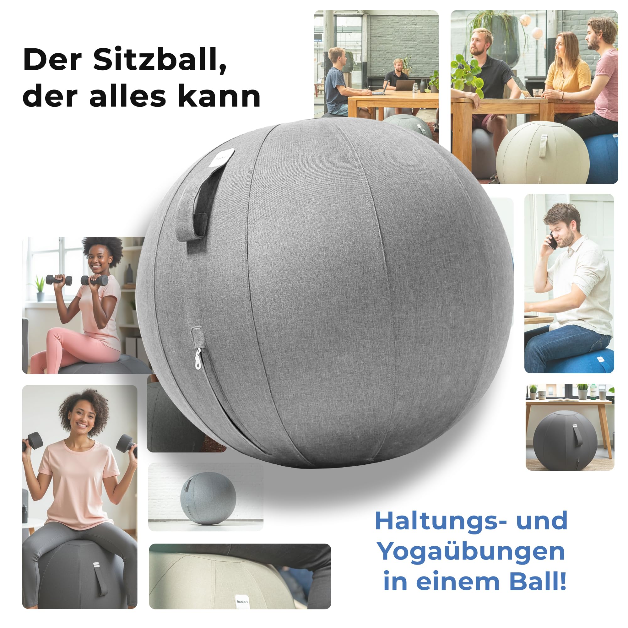 Backerz Sitzball Büro Ergonomisch 75 cm, Ergonomische Sitzmöbel für Büro und Heimbüro, Langlebiger Stoff, Gymnastikball - Fitness-Ball, Ballstuhl mit Ballauflage - Waschbarer Leinenbezug - Hellgrau