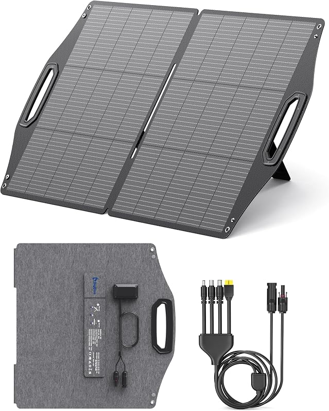 BigBlue Panel solar de 100 W con USB-C (45 W PD) + USB-A (carga rápida de 18 W) y puertos MC-4, IP68 impermeable, elementos esenciales para acampar, cargador solar portátil plegable con soporte para estaciones de energía, teléfonos, tabletas