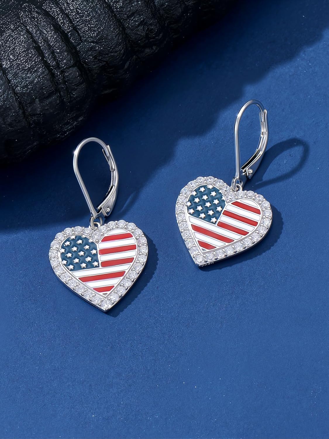 925 Sterling Silver American Flag Earrings, Red White and Blue Birthstone Dangle Earring, Independence Day Earrings 4th of July Patriotic Jewelry Gift for Women