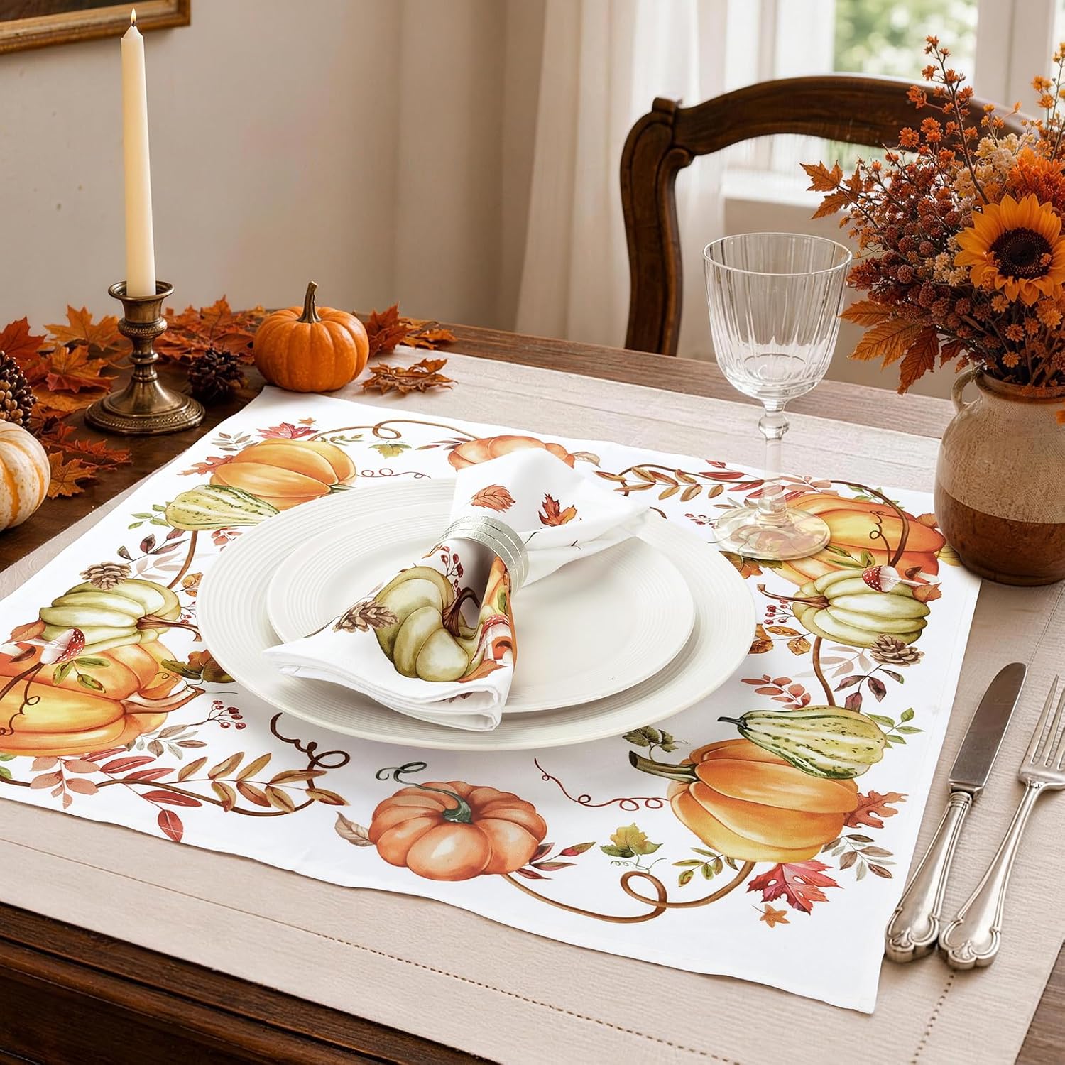 Fall Pumpkin Maple Leaf Cloth Napkins Set of 4, 100% Cotton