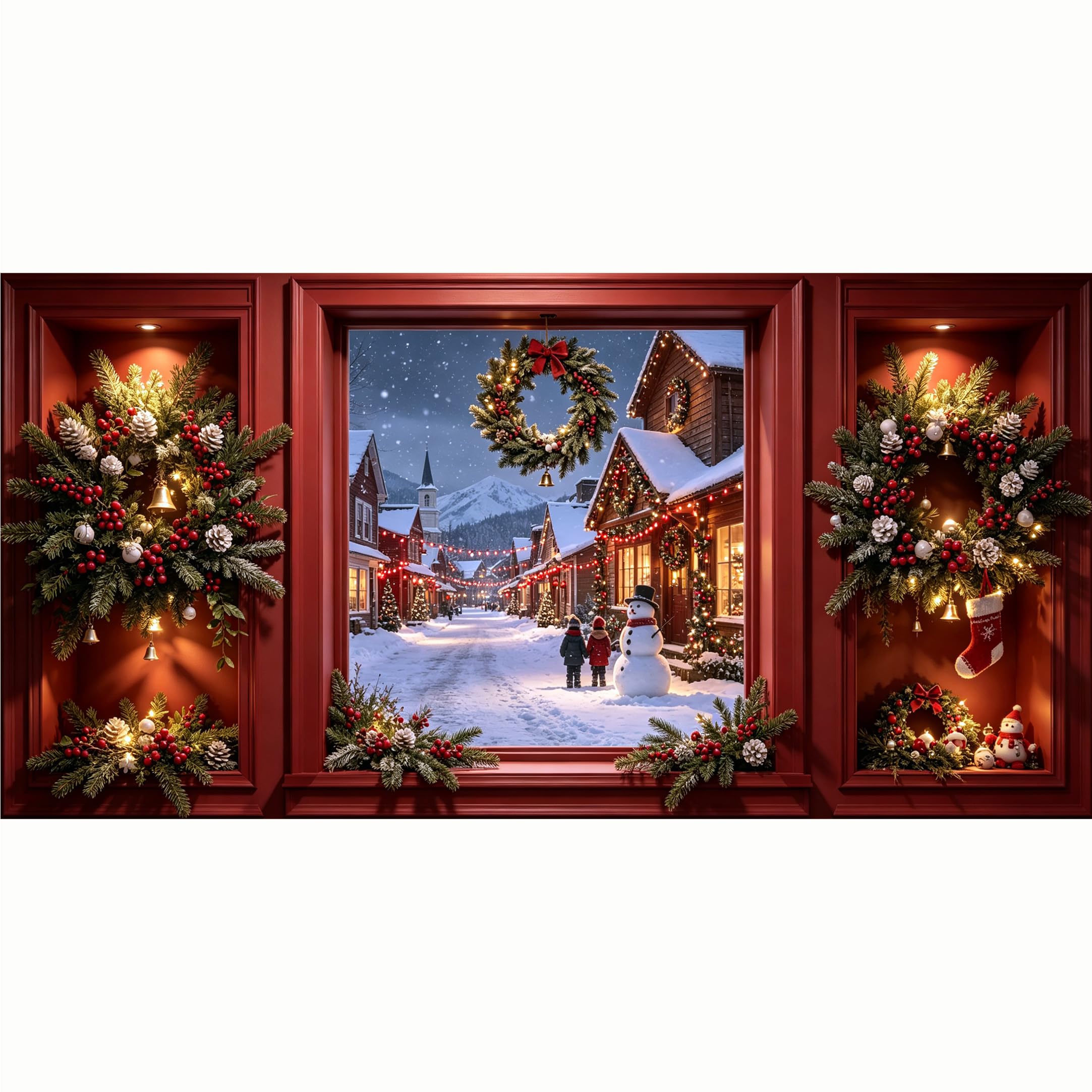 QZLITHOTIC 50x100cm 3D Framed Wall Art， Winter Holiday Snowy Village Townscape Wreath Decoration Self‑Adhesive Mural， Water‑Activated Peel & Stick Fabric Decor Wall Decal for Bedroom Living Room