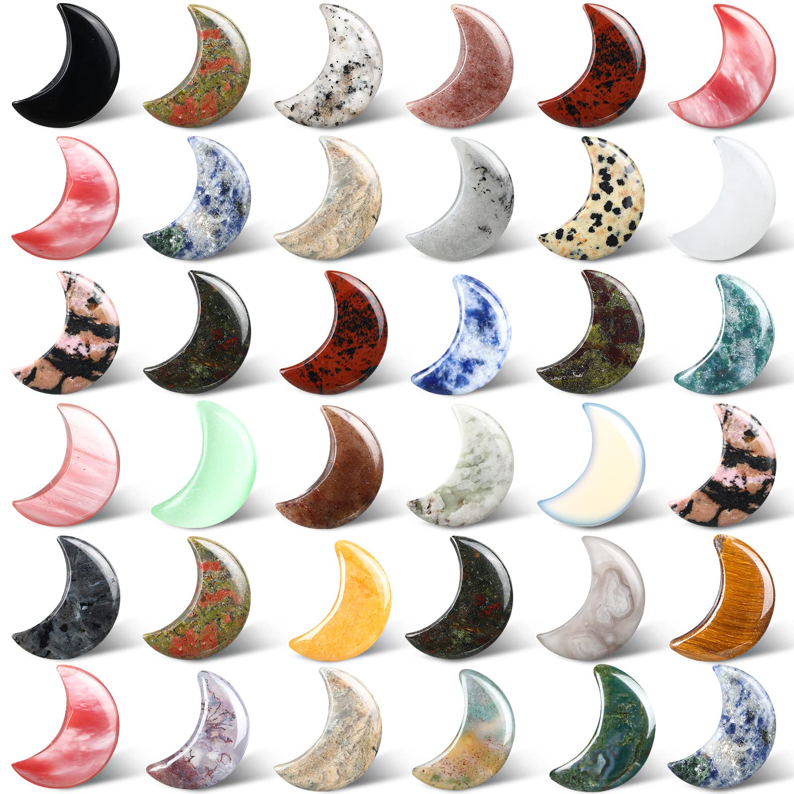 Nuenen36 Pieces 1.2 Inch Moon Shaped Crystal Stone Bulks Large Size Moon Stones Crystal Chakra Worry Stones Assorted Palm Pocket Quartz Moon Gemstone Decor for Meditation Reiki Balancing Collection