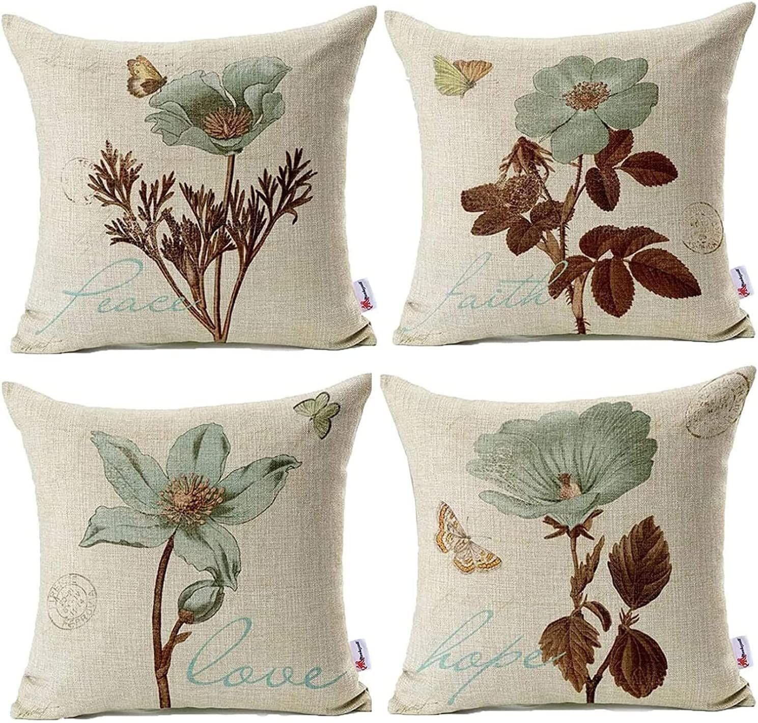 4 Pcs Pillowcases, Decorative Cushion Covers, Decorative Couch Blue Flowers Cushion Covers, Perfect to Outdoor Patio Garden Living Room Sofa Farmhouse Car Chair Home Decor 18 x 18 Cm