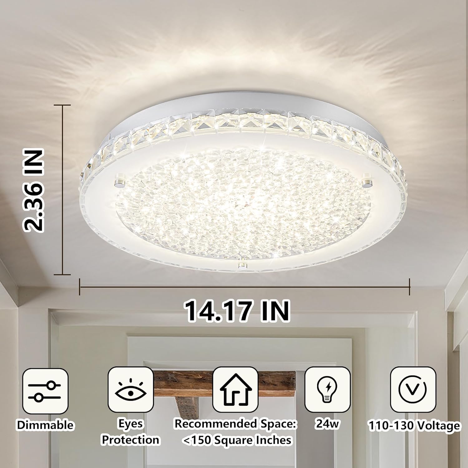 Crystal Ceiling Light Fixture LED Crystal Flush Mount Ceiling Light Dimmable LED Flush Mount Chandelier Light for Hallway, Bathroom, Laundry, Dining Room, Round, 4000K, 24W, 2640LM, 14"