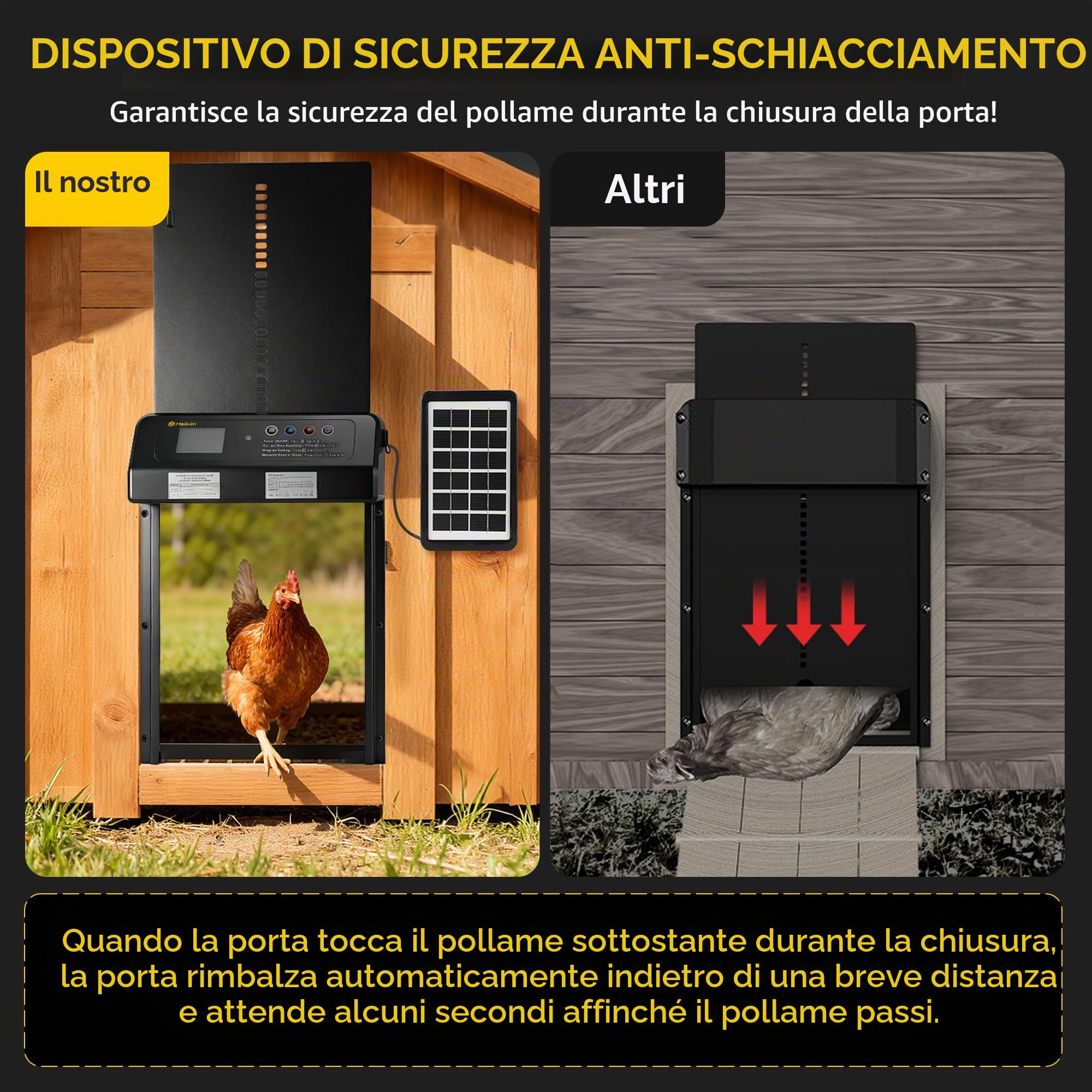 Porta per pollaio automatica solare MELLWIN con display LED, sensore di luce e timer, porta pollaio, porta automatica pollaio anti-predatori, resistente all’inverno