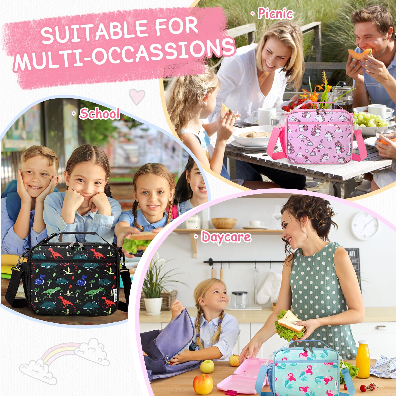 Chase Chic Borsa Termica Bambini, Ragazze Bambino Resistente All'acqua Portapranzo Bambini Scuola 5.8L Borsa Frigo Piccola Bambini per Primaria Viaggi Studenti 3-8 Anni, Unicorno Rosa