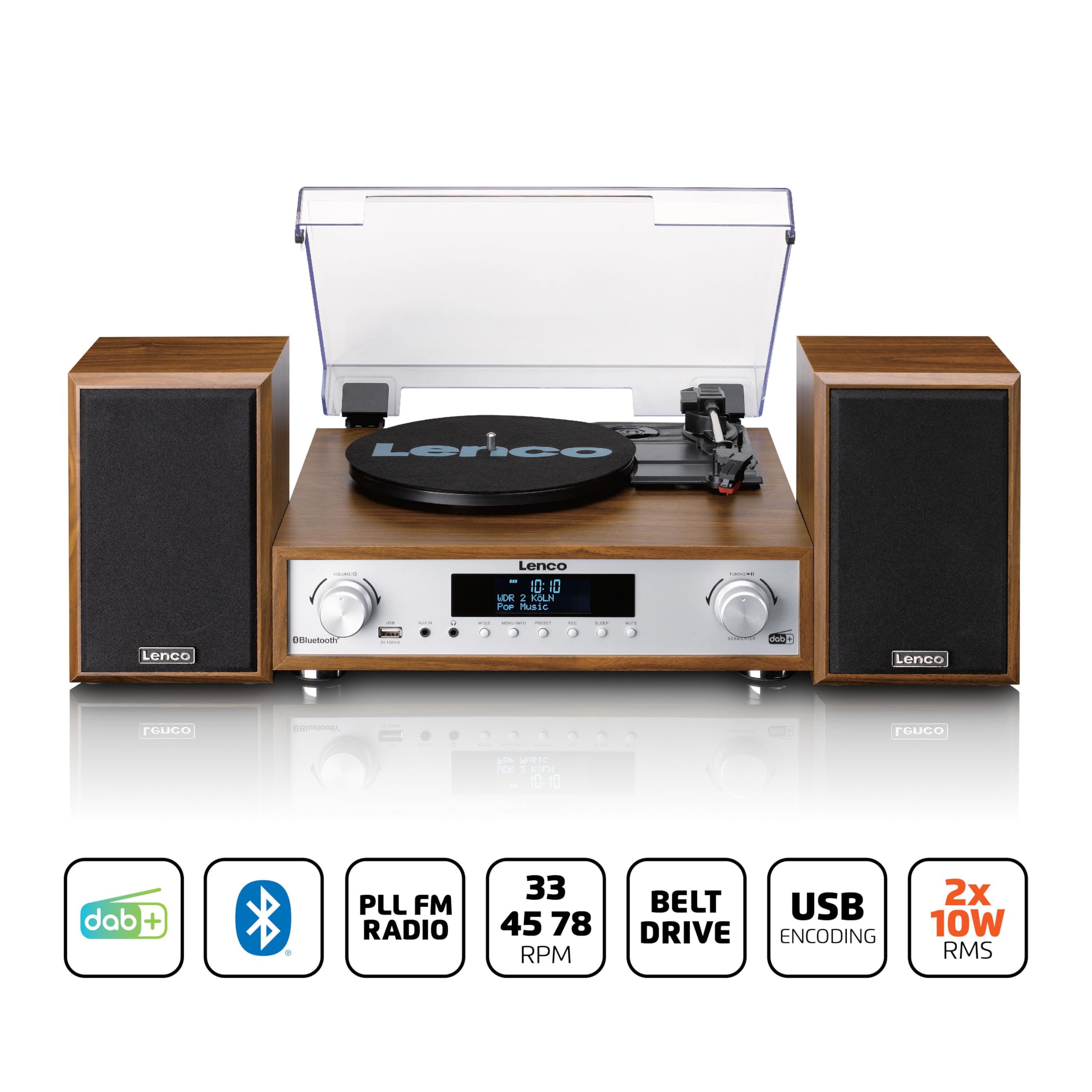 Lenco MC-160WD Impianto stereo con giradischi - Radio DAB+/FM, Bluetooth 5.0, codifica MP3 diretta da vinile su USB, trazione a cinghia, 3 velocità, altoparlanti in legno 2x10W, telecomando
