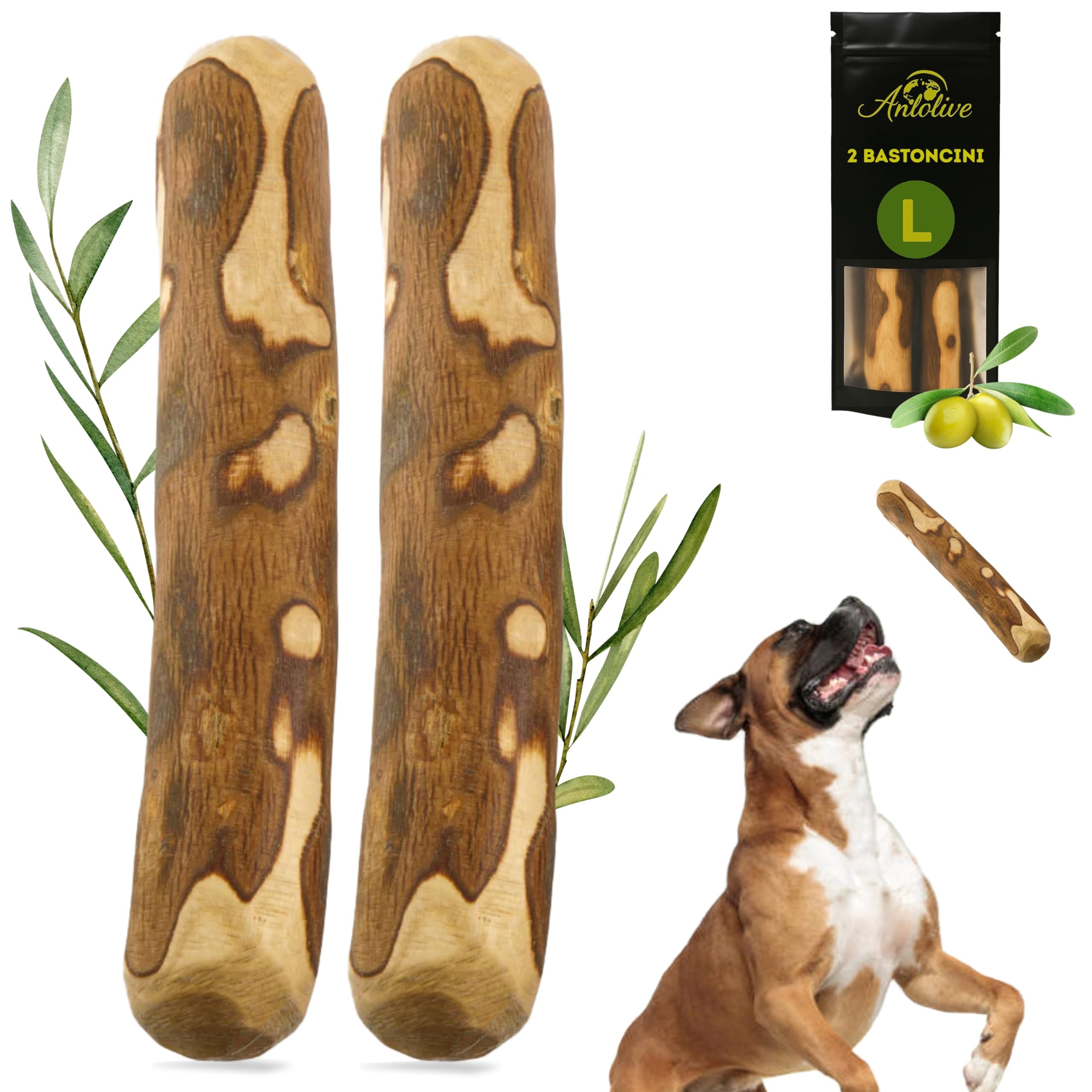 Set 2 Giochi da Masticare Naturali Taglia L 20-23 cm Legno d'Ulivo per Cani Medi e Grandi