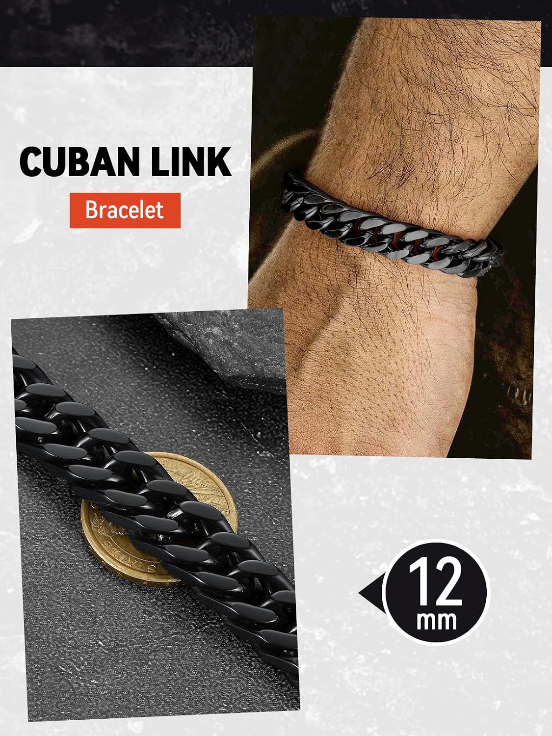 FaithHeart Men's Bracelet Cuban Link Chain 8/12/17mm, Chunky Miami Curb Chain Bracelets Stainless Steel/Gold/Black, 19/21/23cm Sturdy Bracelet for Men Women image 3