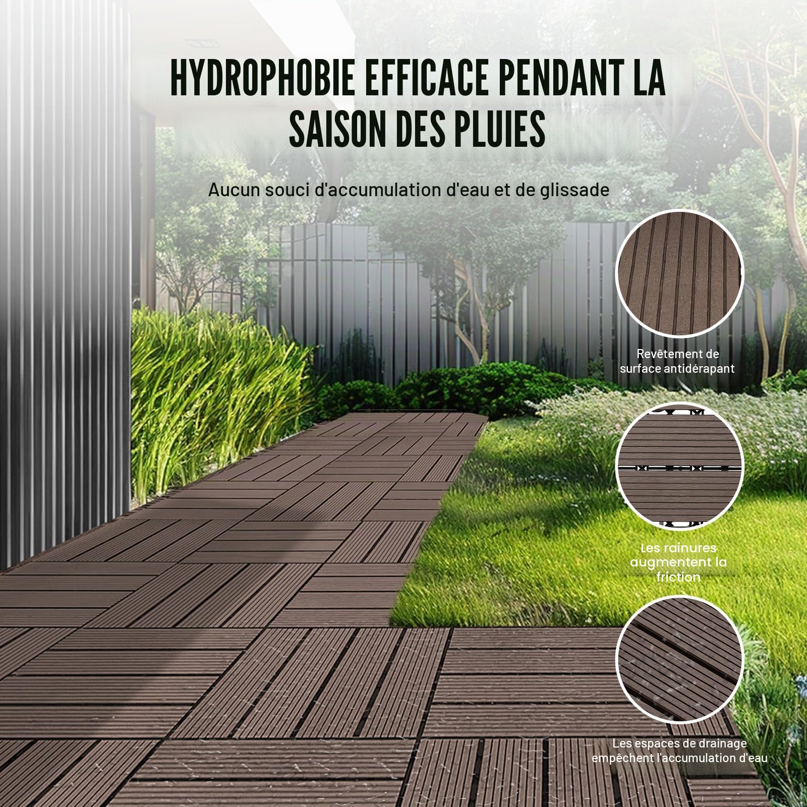 VEVOR Dalles de Terrasse Emboîtables, Lot de 10, Revêtement de Sol Plastique Bois WPC Imperméable, 300x300 mm, 9290 c㎡, Utilisation par Tous les Temps, pour Porche, Piscine, Balcon, Arrière-cour