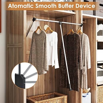 Pull Down Closet Rod,60 lbs Load Capacity,Adjustable 33-45 Soft-Close Wardrobe Hanger Rail Organizer for Hanging Clothes,Two-Way Buffering Side & Back Mounted Closet Rod