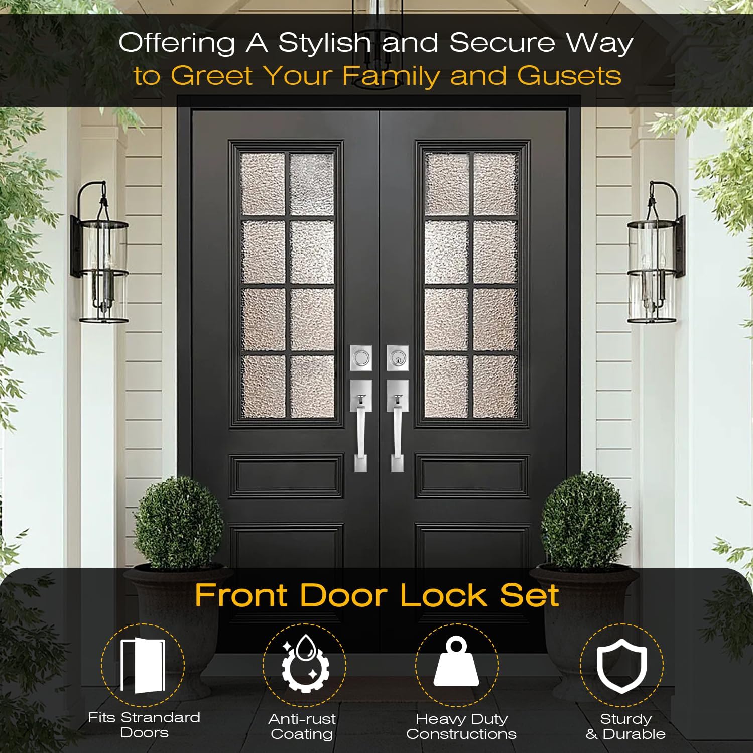 EHOMEWARE 1 Pack Satin Nickel Double Front Door Lock Set, Exterior Door Lock Set with Dummy, Double Entry Door Handle with Deadbolt, Heavy Duty French Door Handle Set, Left & Right Reversible