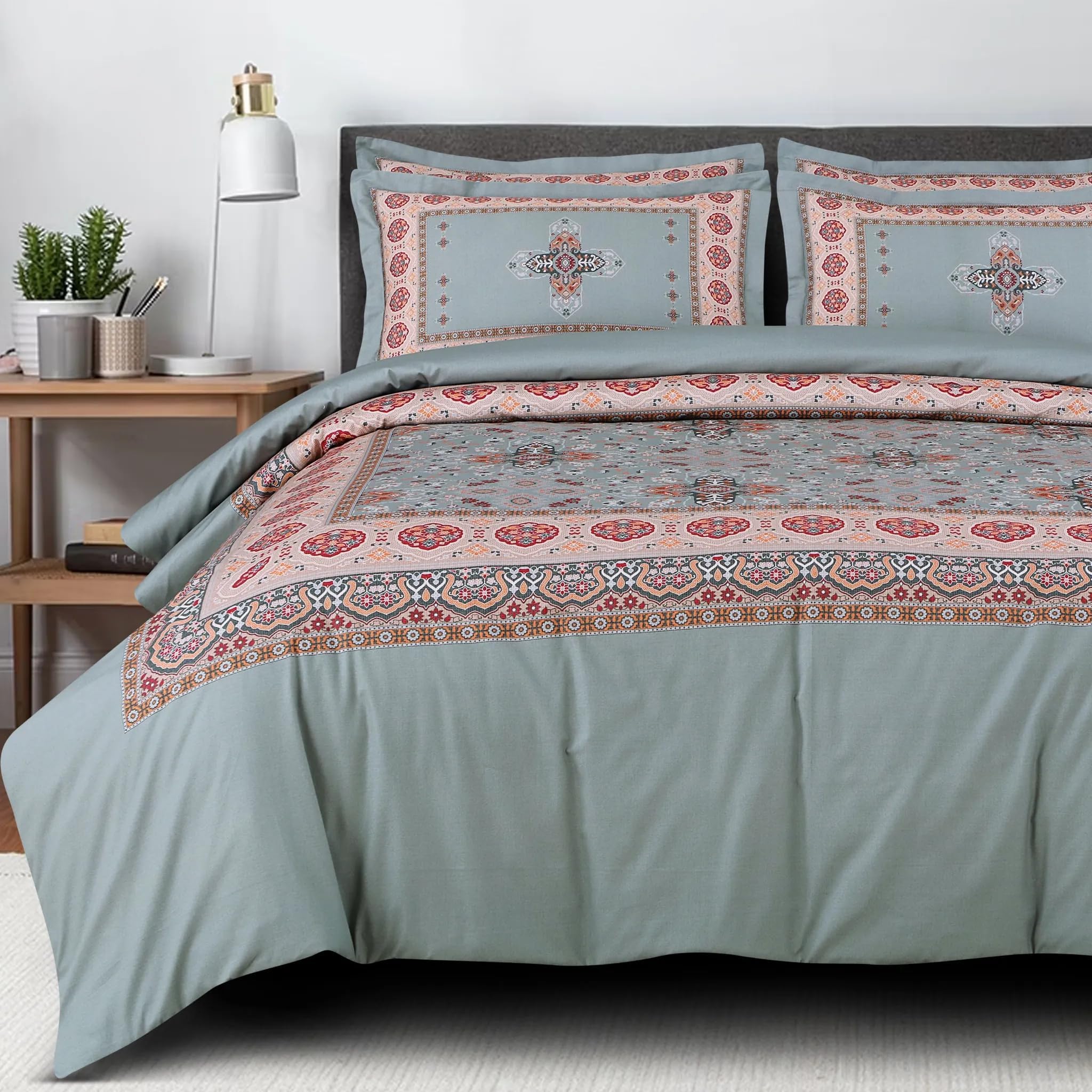 - Malako Basel Green Ethnic 100% Cotton Bedsheet Set – 350 TC, Soft & Breathable Cotton | Super King Size Bedsheet (275 × 275 cm) + 2 Pillow Covers | Lightweight Ethnic Design Bedding