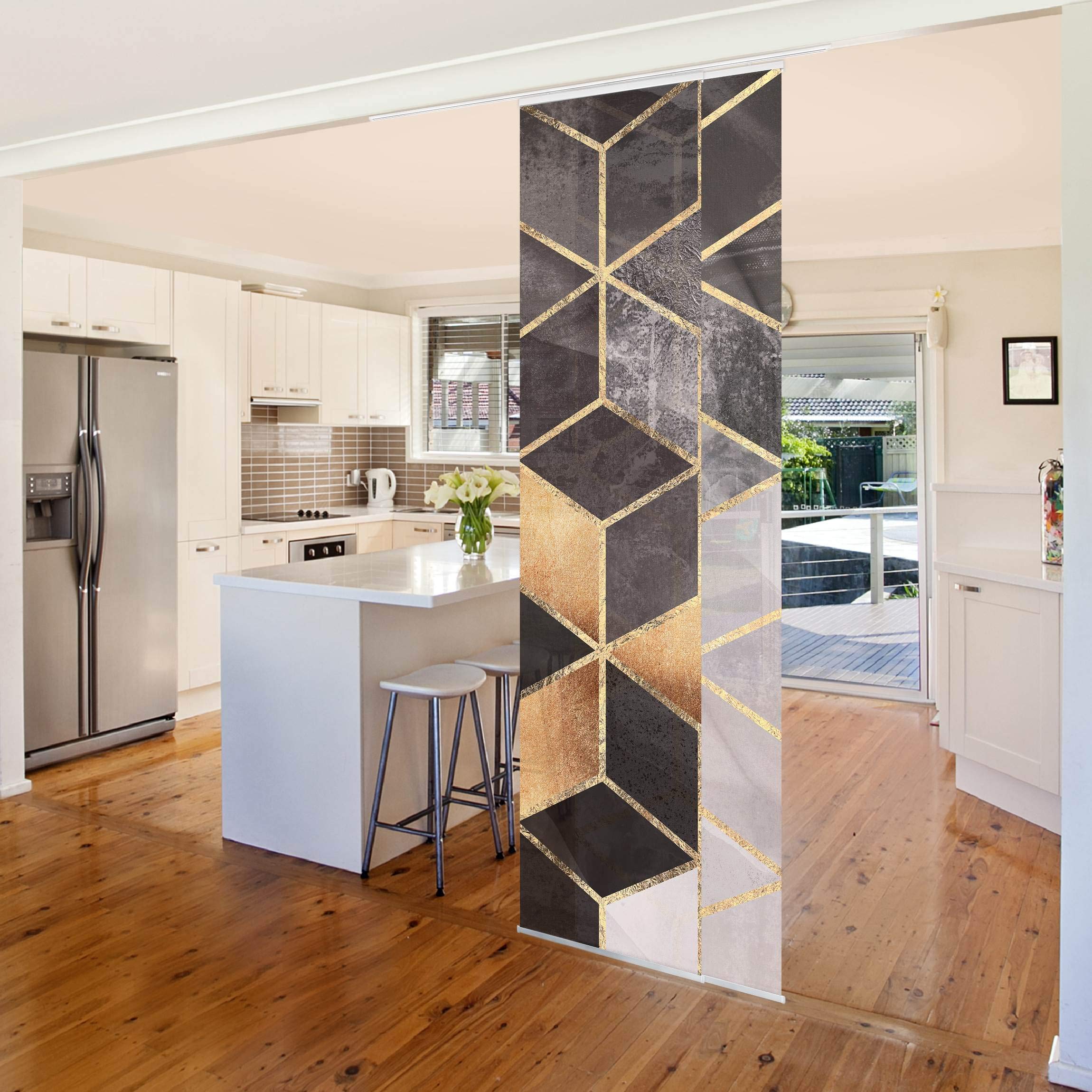 Schiebegardine halbtransparent 60er Paneel Klett Muster Textil lichtdurchlässig - Geometrisch Abstrakt Flächenvorhang Gold Wohnzimmer Schlafzimmer 2209 (120x250 cm - 2er Set)