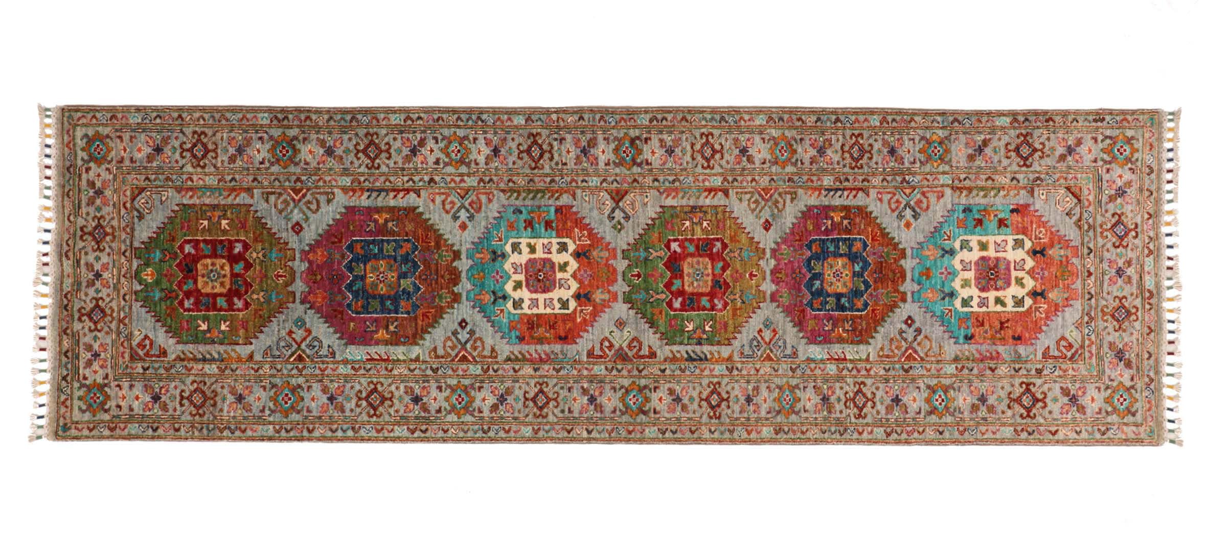 Waziri Teppich 80x260 Handgeknüpft Läufer Grau Umrandung Orientalisch UNIKAT
