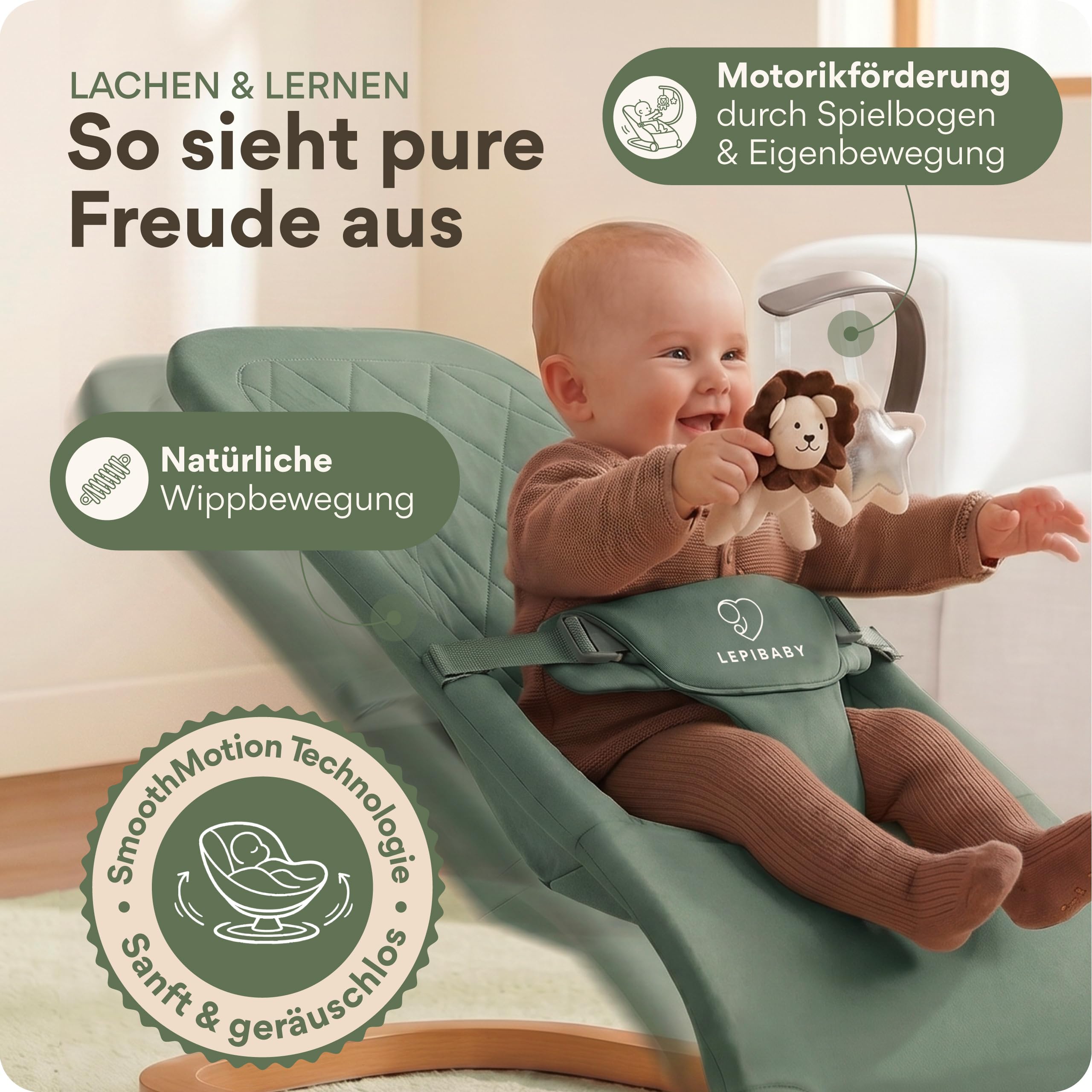 Babywippe Neugeborene, 0 bis 12 Monate, Baby Wippe, Baby Bouncer | Faltbarer Baby Rocker, Babyschaukel mit Spielbogen, Verstellbare Babywiege, Baby Schaukel leicht waschbar, SamiBu Grün