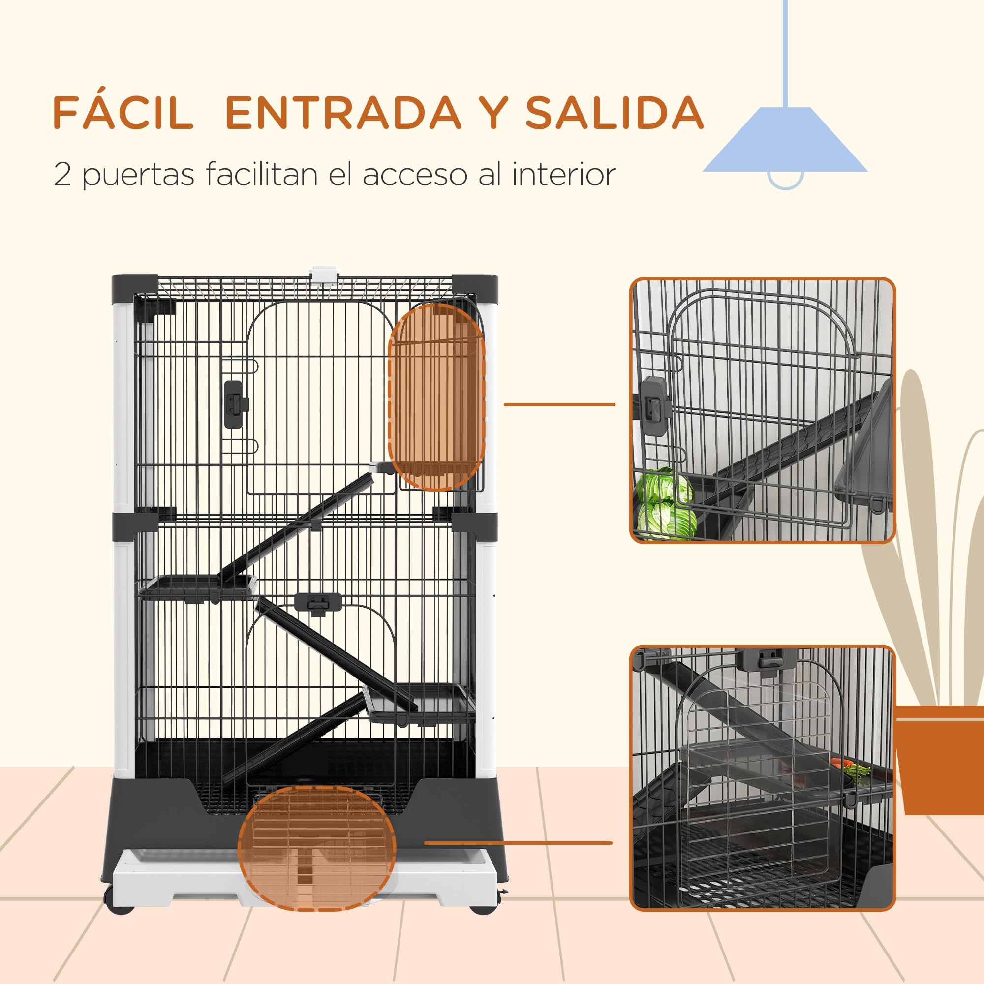 PawHut Jaula para Animales Pequeños con Ruedas 114x75x50 cm Valla para Mascotas con 3 Plataformas 3 Rampas Bandejas Extraíbles para Hurones Conejos Negro
