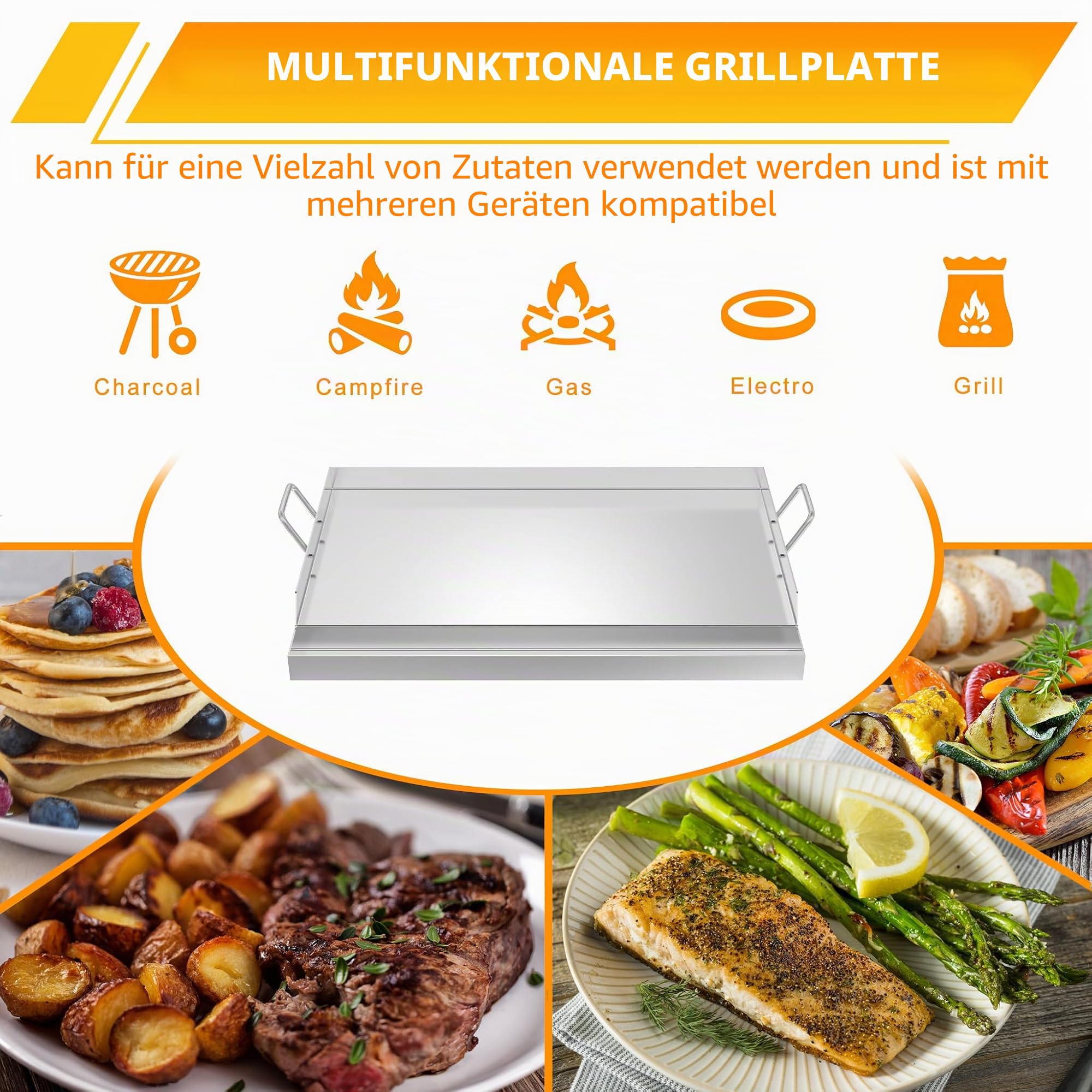 FIVMEN Plancha Grillplatte Edelstahl 54x32 cm Universal Grillpfanne Grill Platte mit 2 Grillspachtel Grillschale Grillplatten Edelstahlplatte Grill für BBQ Gasgrill Holzkohlegrill, mit 2 Griff