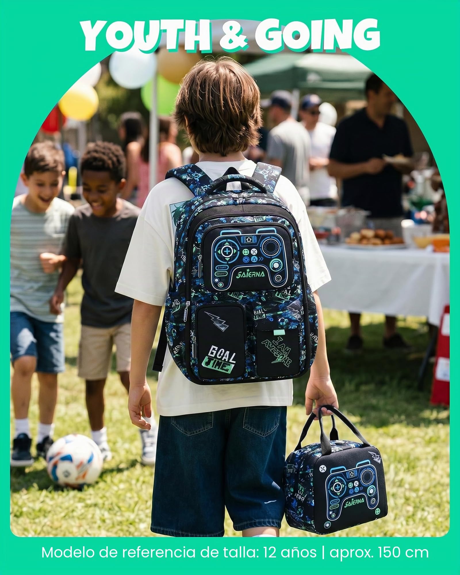 Amythe Mochila Escolar Niños Clases de 3 a 9 3 piezas Grande Set, Negro | 3 piezas Impermeable Correa Pectoral Compartimento Laptop Negro Daypack Multi-Bolsillos Espacioso Resistente para Colegio