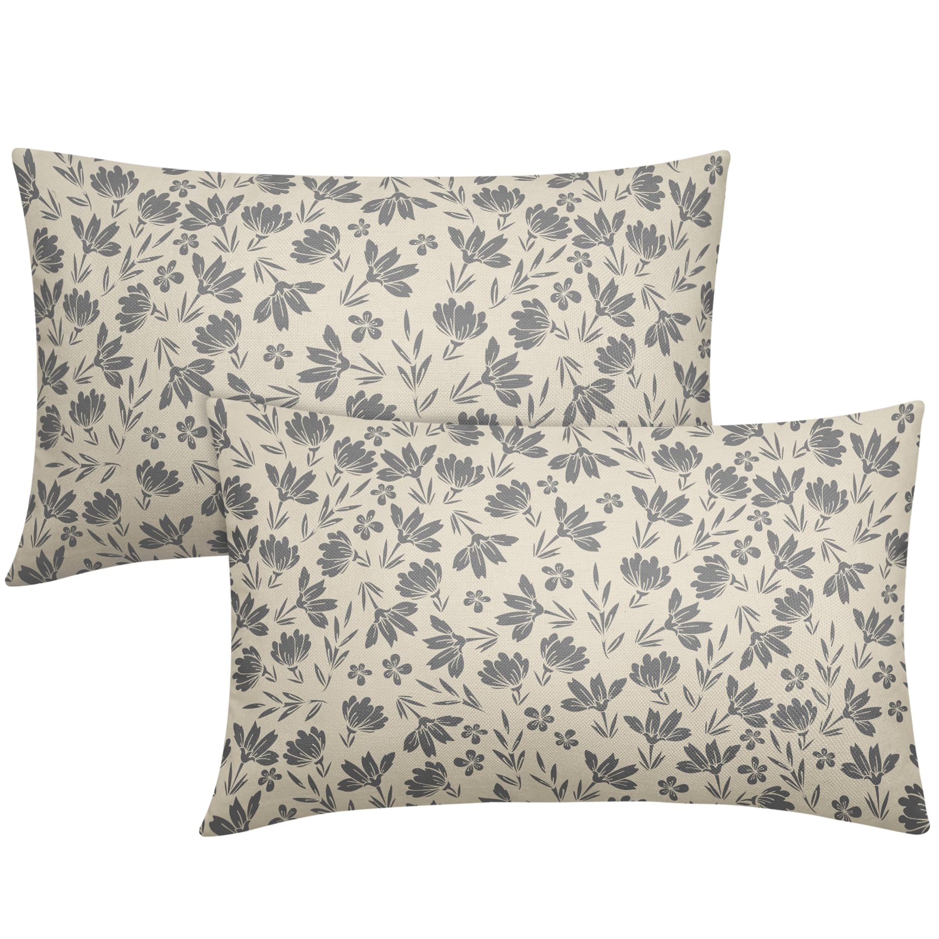 Grey Floral Pillow Covers 12x20 Set of 2 Vintage Rustic Old Style Cute Small Flower Gray Cream Print Rectangle Decorative Outdoor Pillowcases Fall
