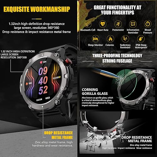 Miniatura 4 de Reloj inteligente militar para hombre (recepción de llamadas/dial), reloj inteligente táctico impermeable al aire libre Bluetooth, llamadas diarias,