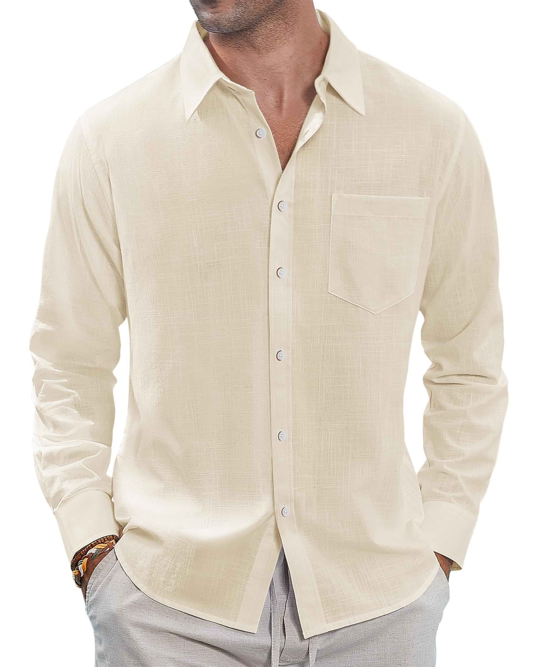 J.VER Men's Linen Shirts Casual Button Down Long Sleeve Shirt Solid Spread Collar Summer Beach Shirts with Pocket